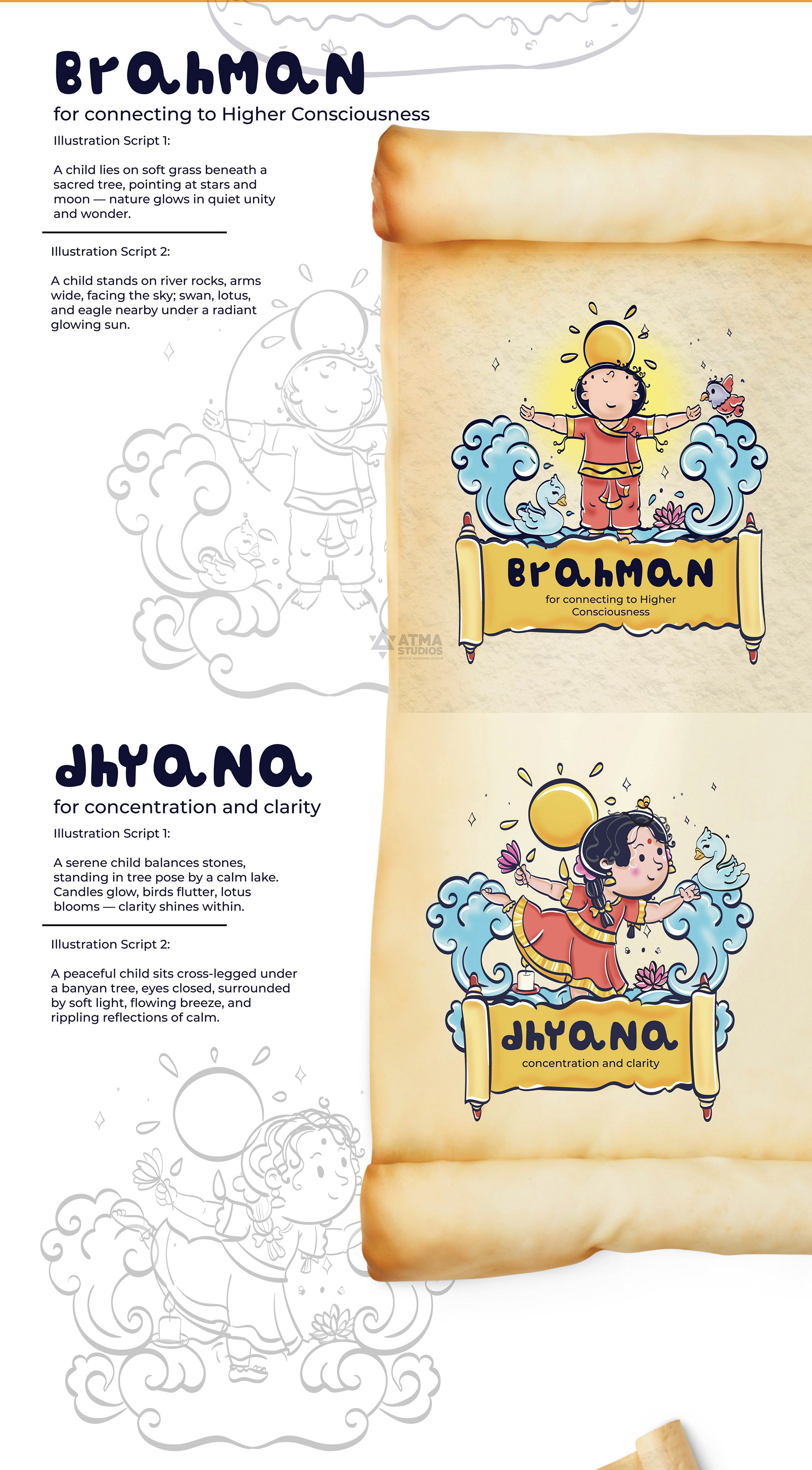 Illustrated Vedic mantras for children book: scroll pages for Brahman and Dhyana mantras