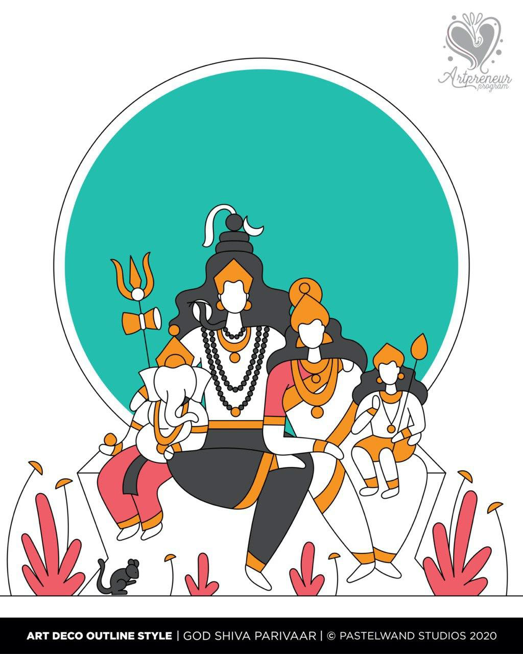 12 dimensions of Shiva in Art Deco outline style: #1 Shiva Parivar, the family of Shiva, Art Deco outline illustration, Atma Studios portfolio