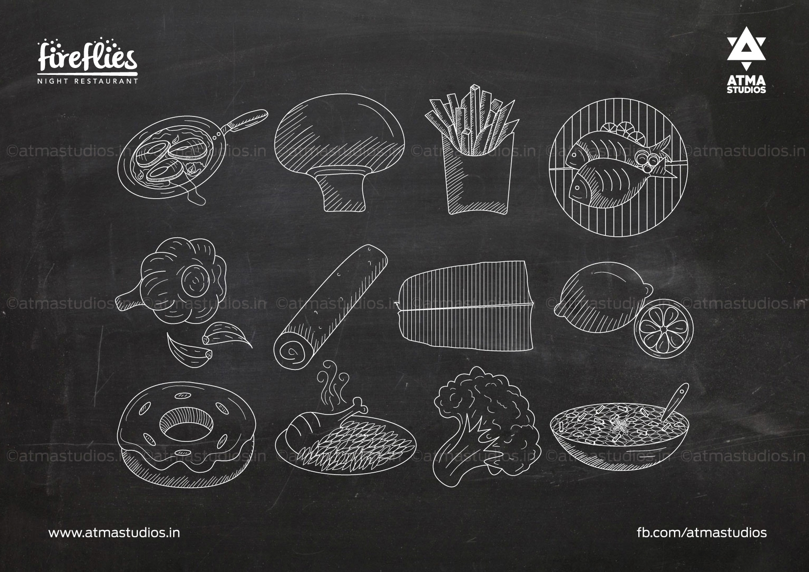 Fireflies chalk icon set: pan, mushroom, fries, pizza and doughnut