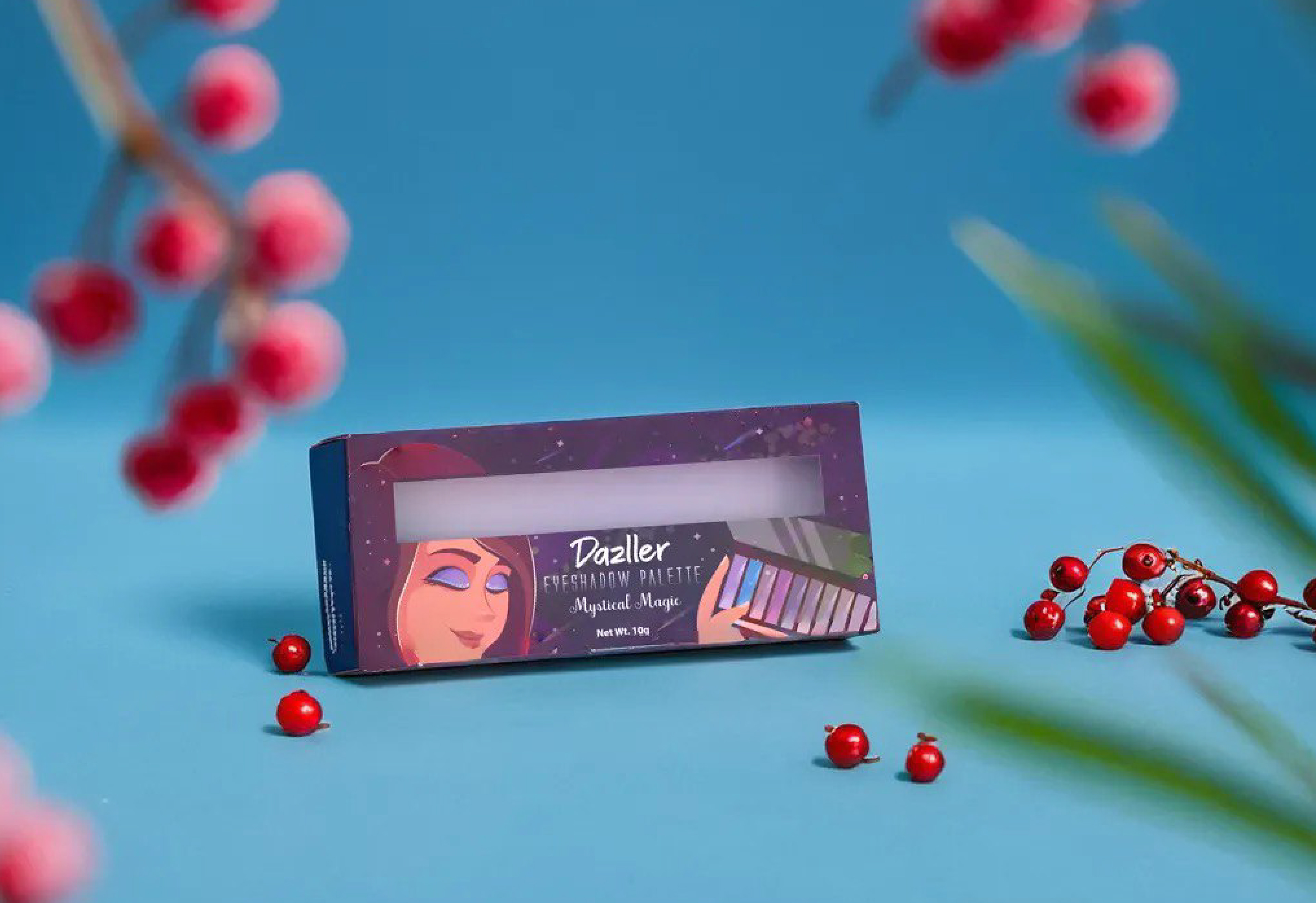 Dazller eyeshadow palette package design: palette box with red berries on blue
