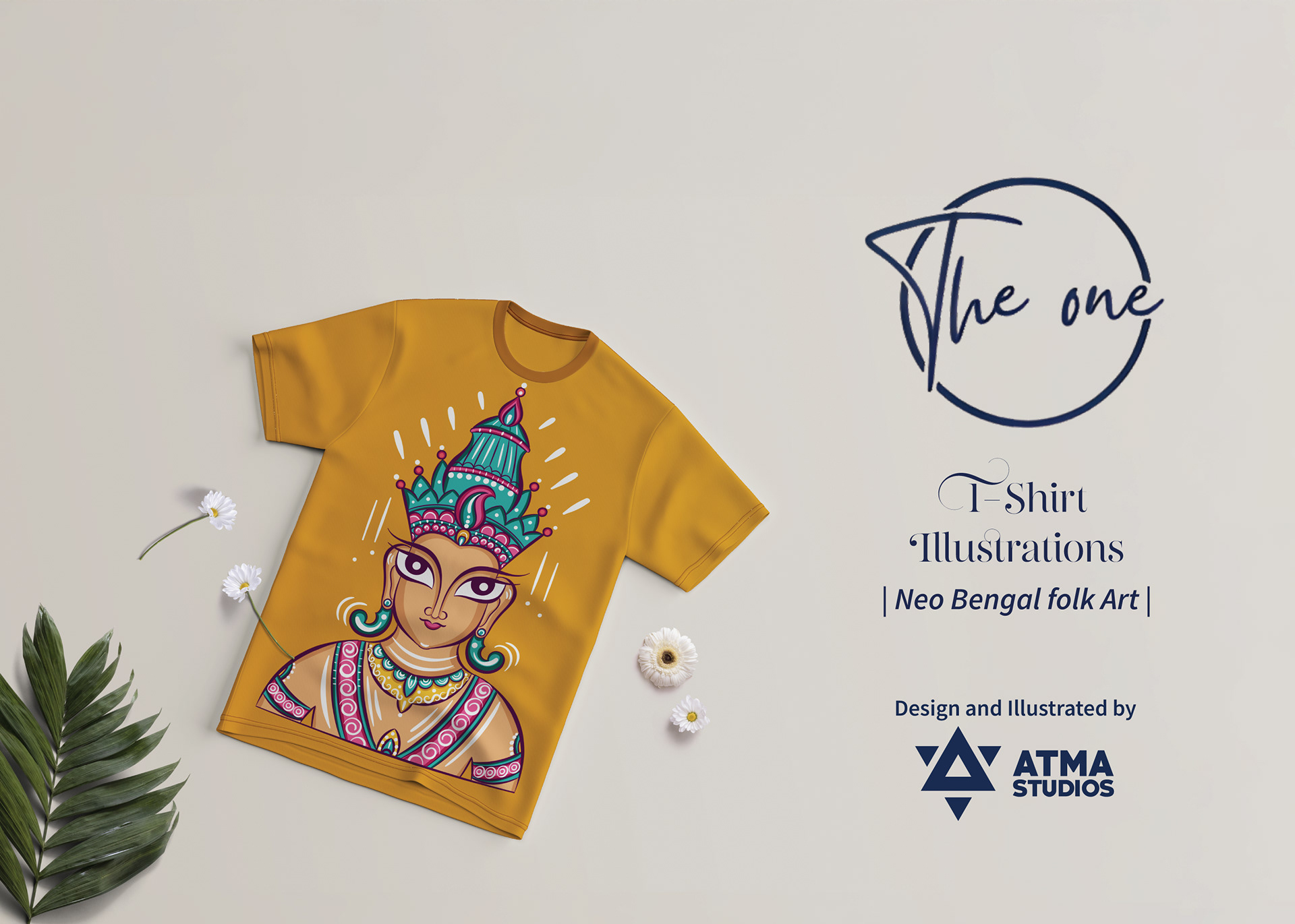 The One kids T-shirt illustrations: mustard T-shirt with a crowned deity face beside The One logo, T-shirt illustration by Atma Studios