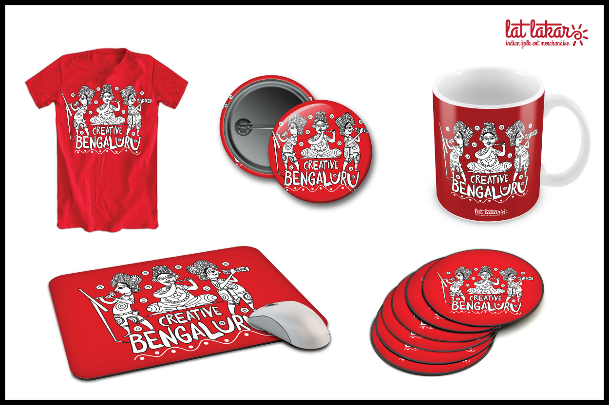 Lat Lakar Indian folk art merchandise: Creative Bengaluru T-shirt, mug, badges and mouse pad