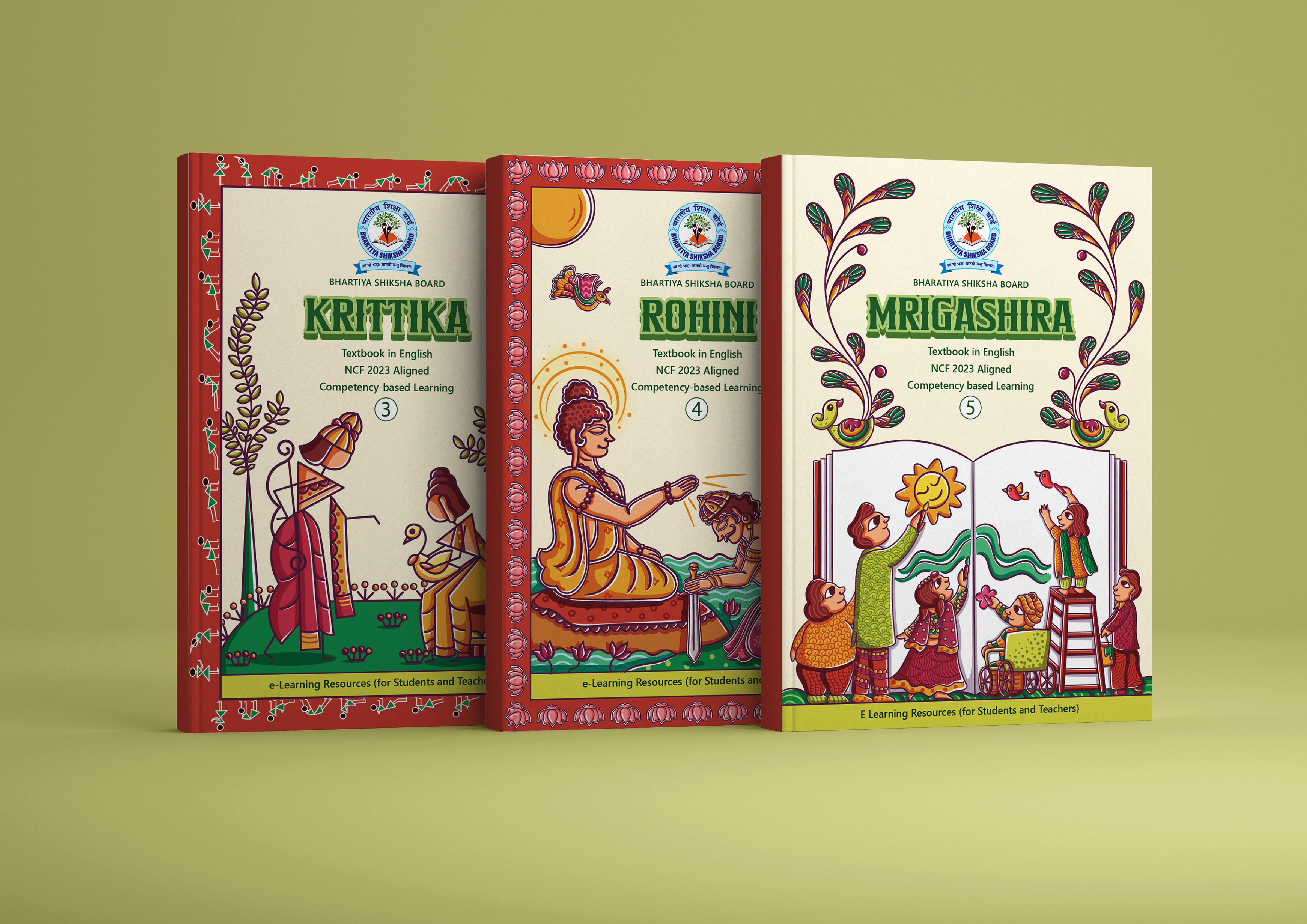 Bhartiya Shiksha Board textbook covers in Indian folk art: three English textbook covers on olive green