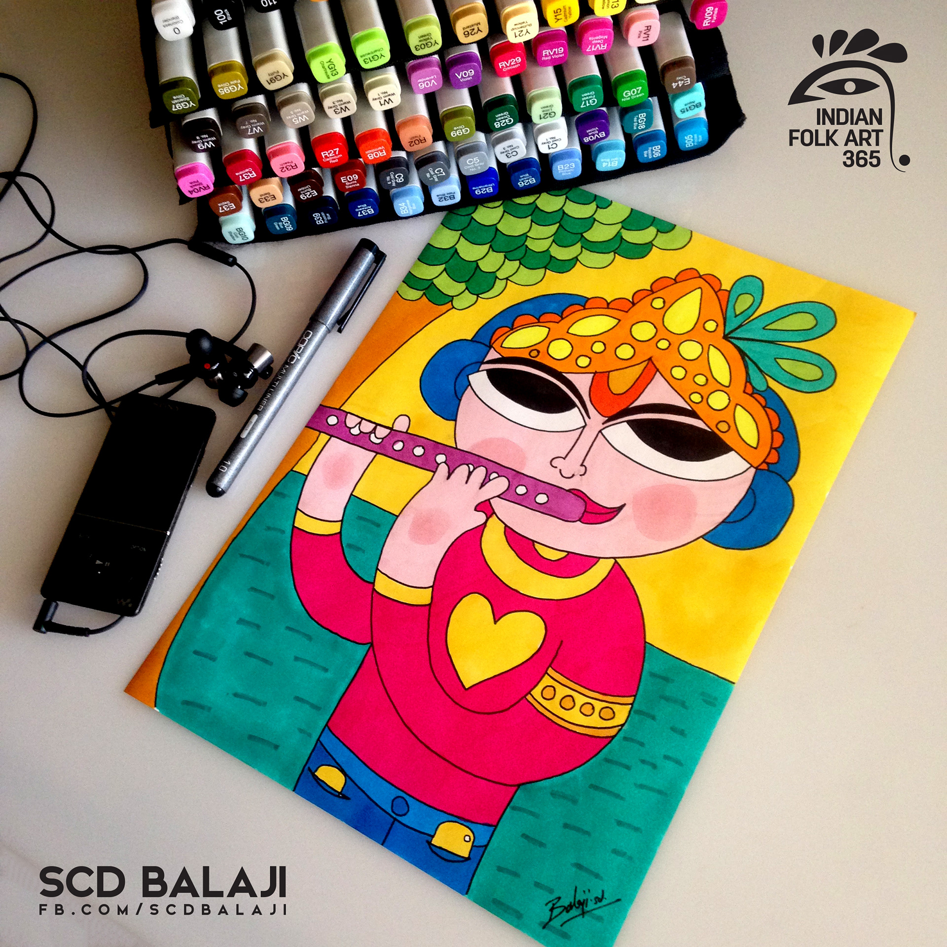 50 contemporary Indian folk art illustrations: #53 Krishna playing the flute with markers