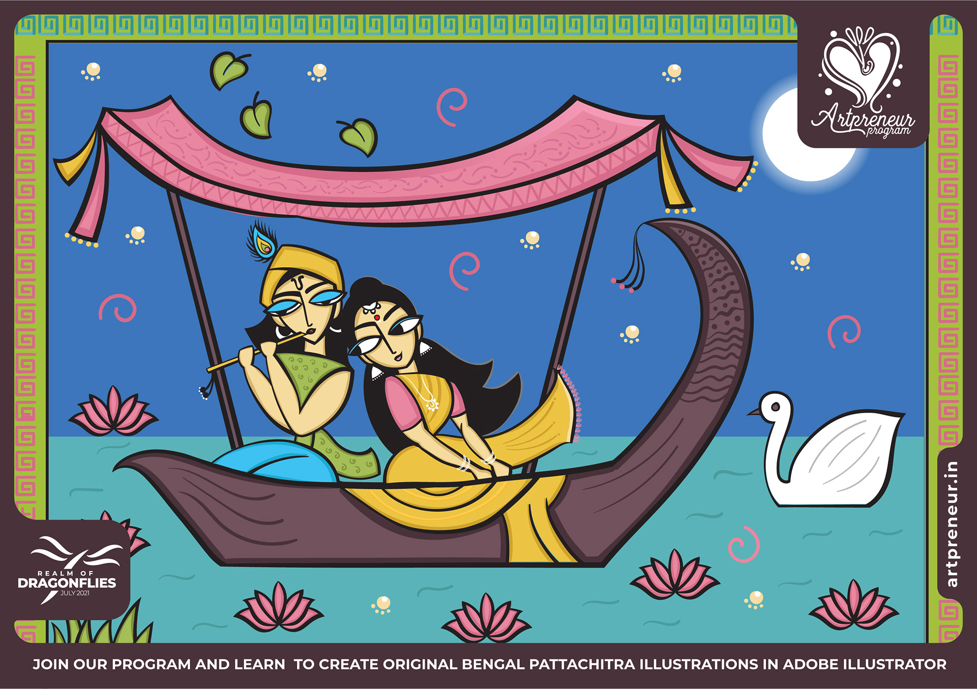 50 Bengal Pattachitra Indian folk illustrations: #21 Couple on a boat with a swan
