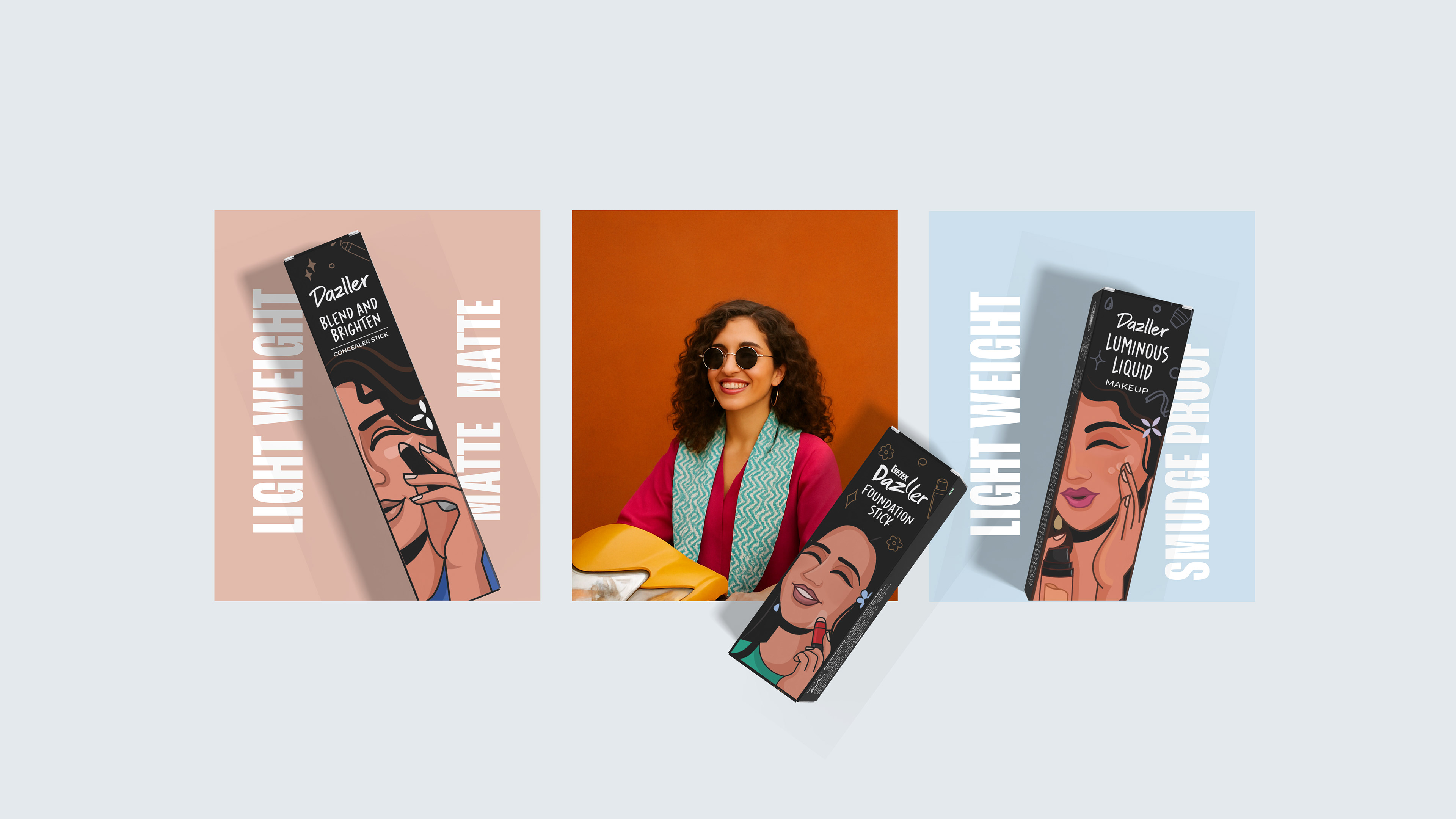 Dazller foundation stick packaging: three illustrated cartons in different shade colours