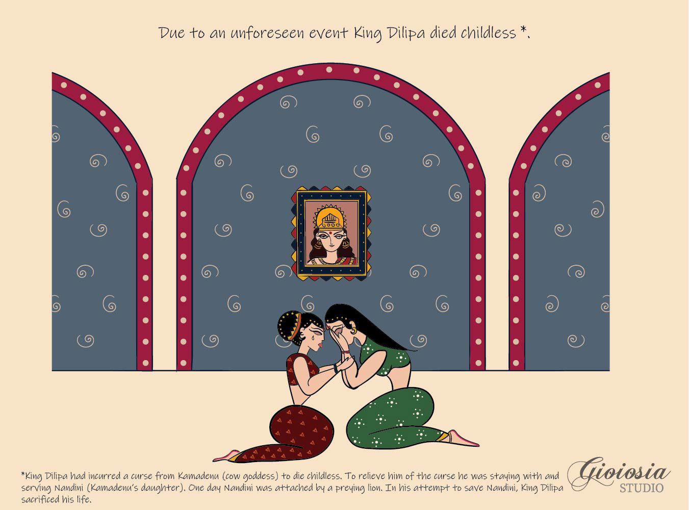 The Untold Story of Bhagiratha, illustrated mythological fiction: two queens grieving in a palace room