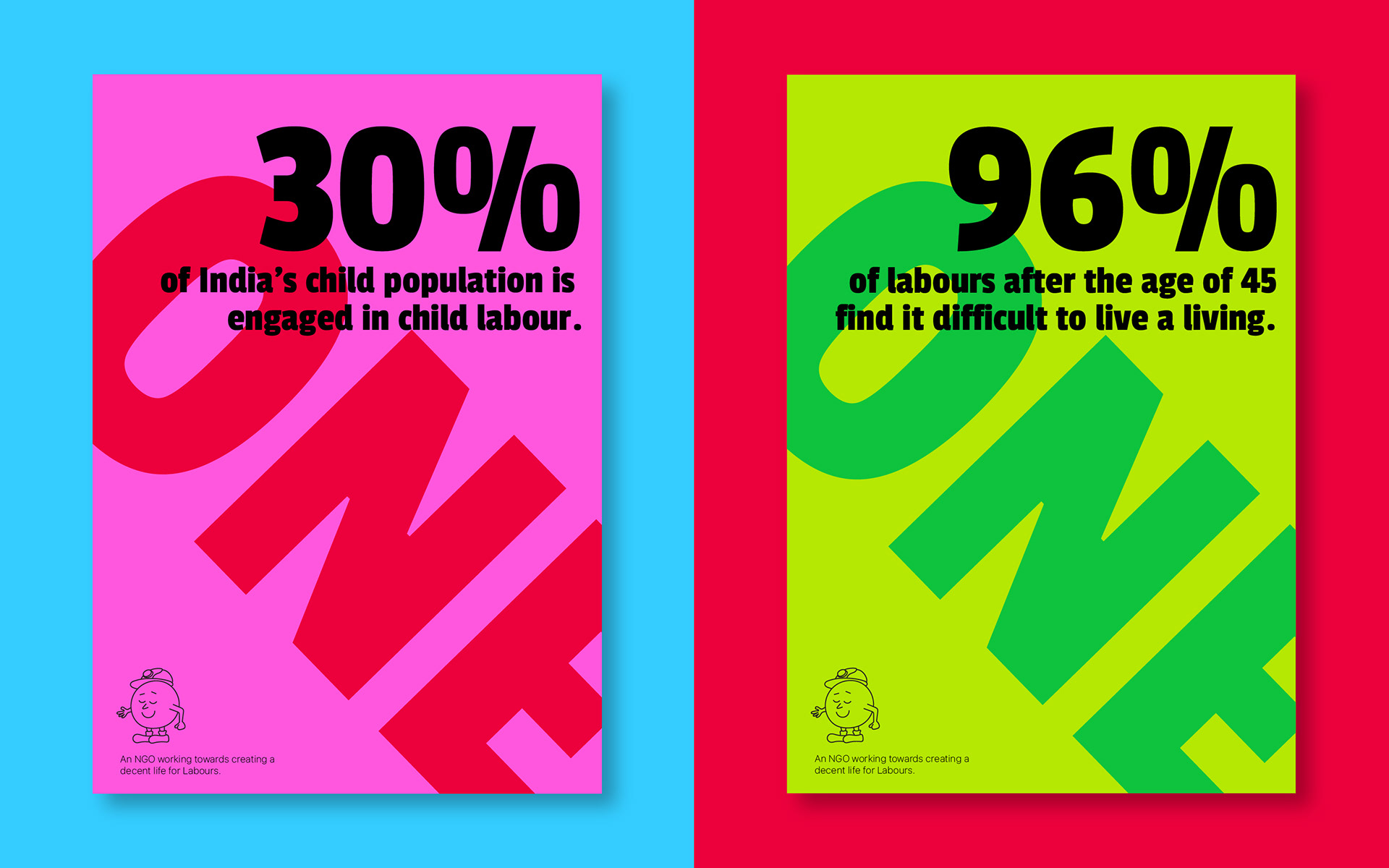 ONE labour rights campaign branding: posters on child labour and workers over 45