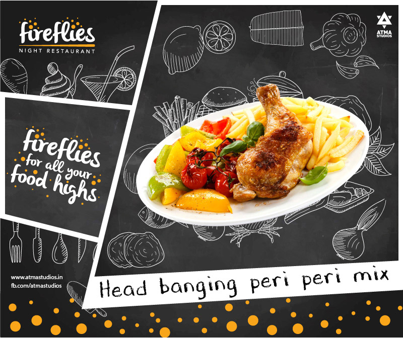 Fireflies menu poster: roast chicken leg with fries on a chalkboard background