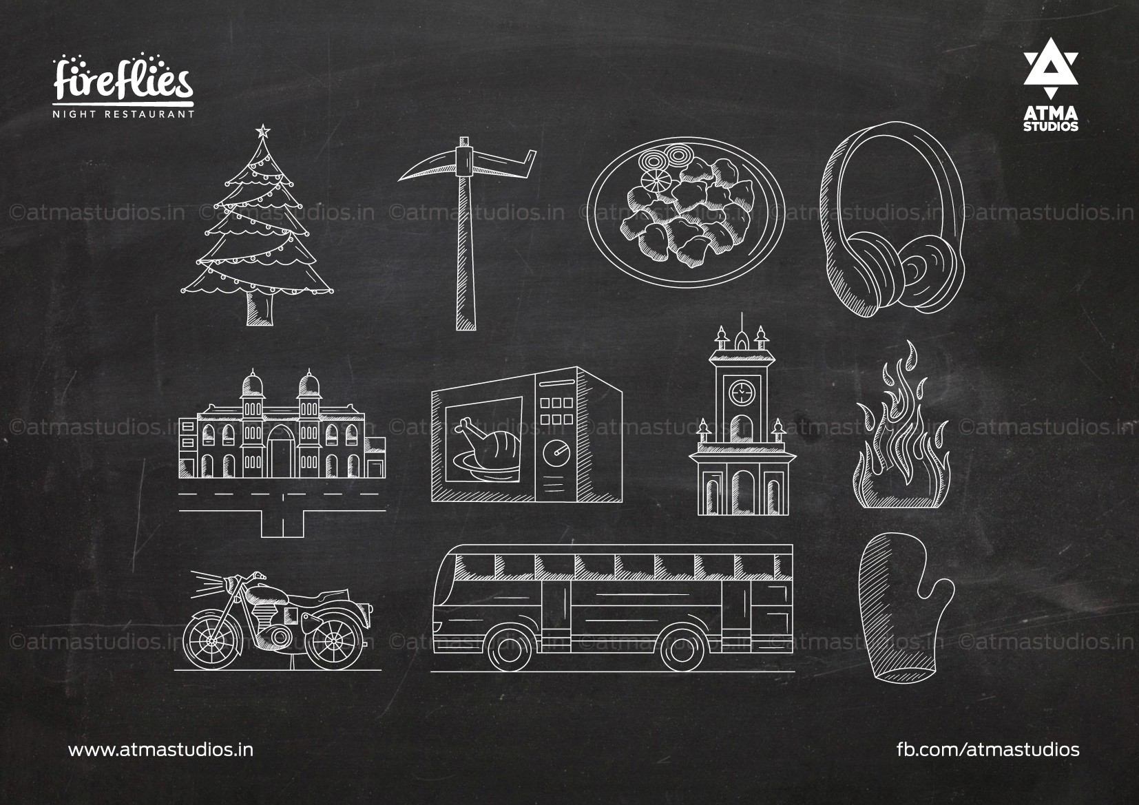 Fireflies chalk icon set: Christmas tree, clock tower, bus and motorbike