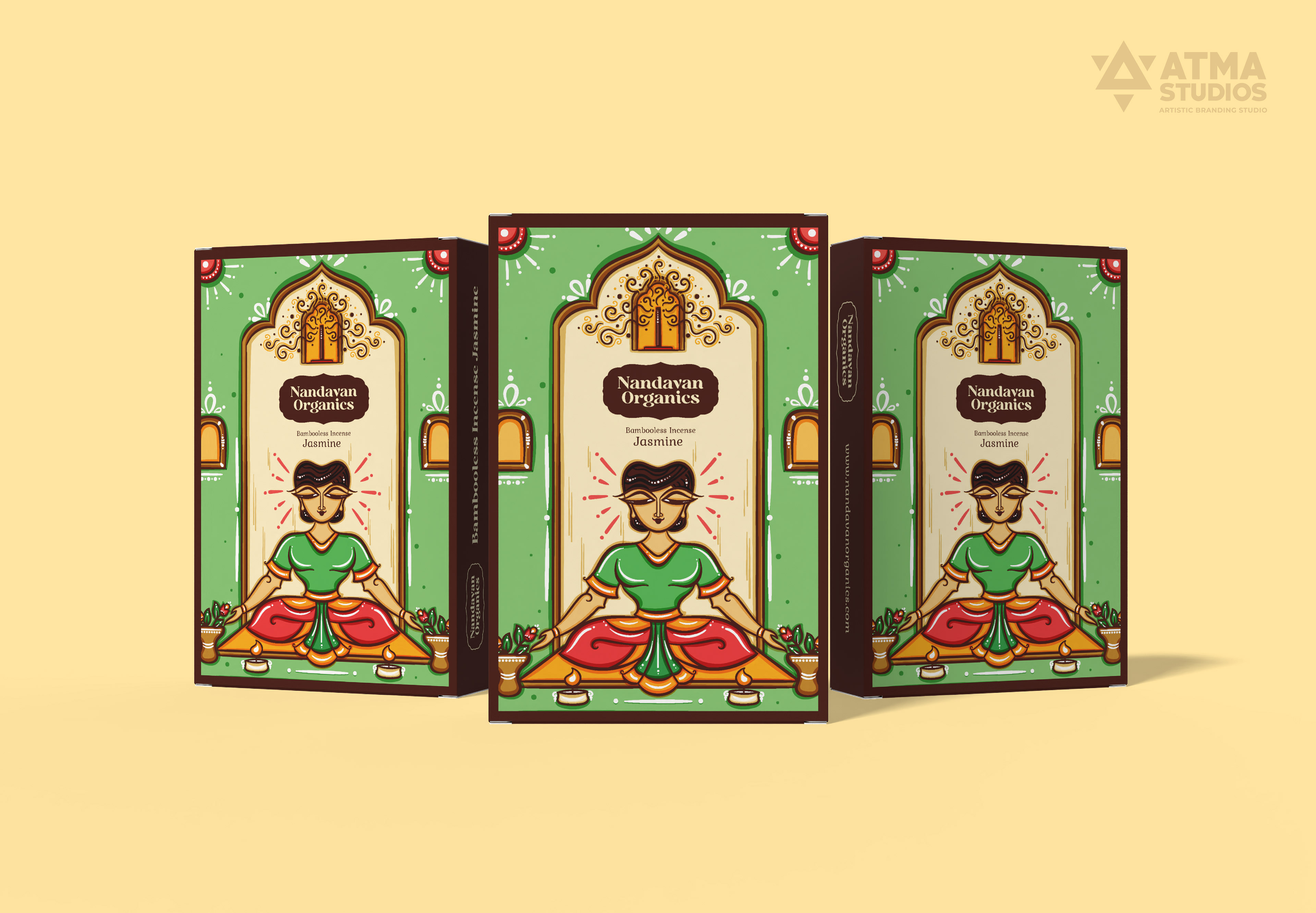 Nandavan Organics package illustrations in neo Bengal folk art: three bambooless incense boxes