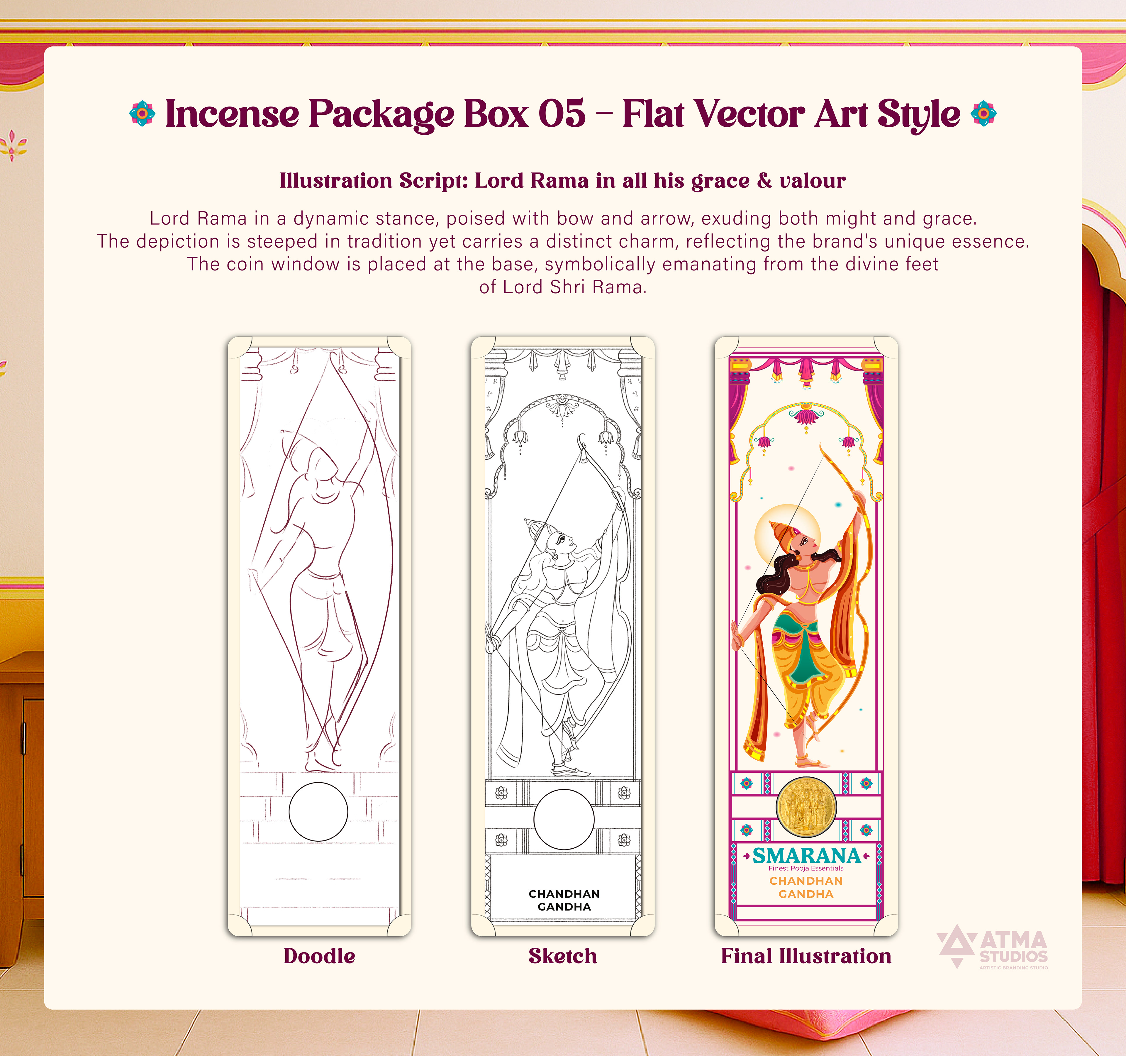Smarana Lord Rama series incense packaging: incense box 05 in flat vector art style: doodle, sketch and final illustration