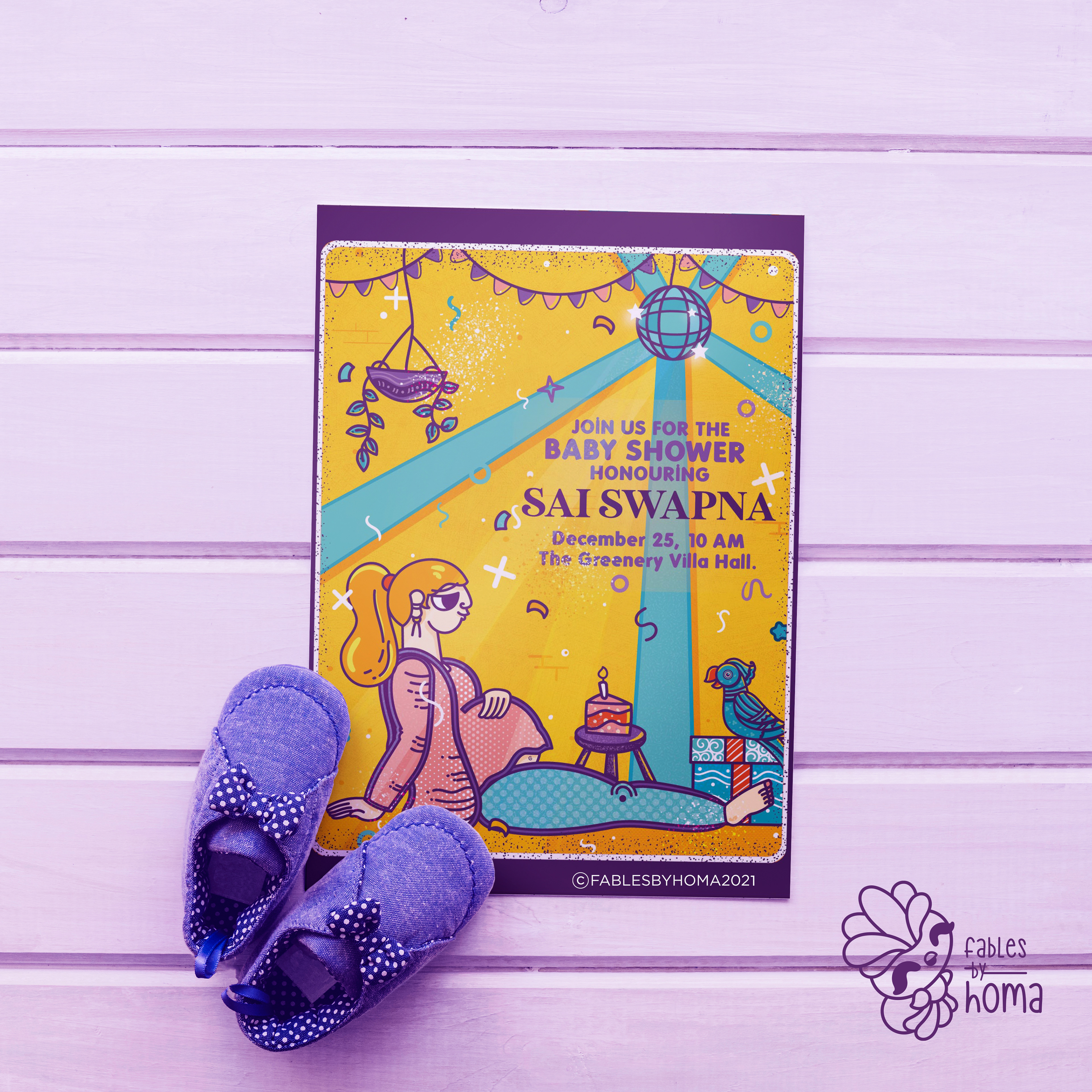 Epiphany Madhubani experimental illustrations: #39 Printed artwork on a purple table