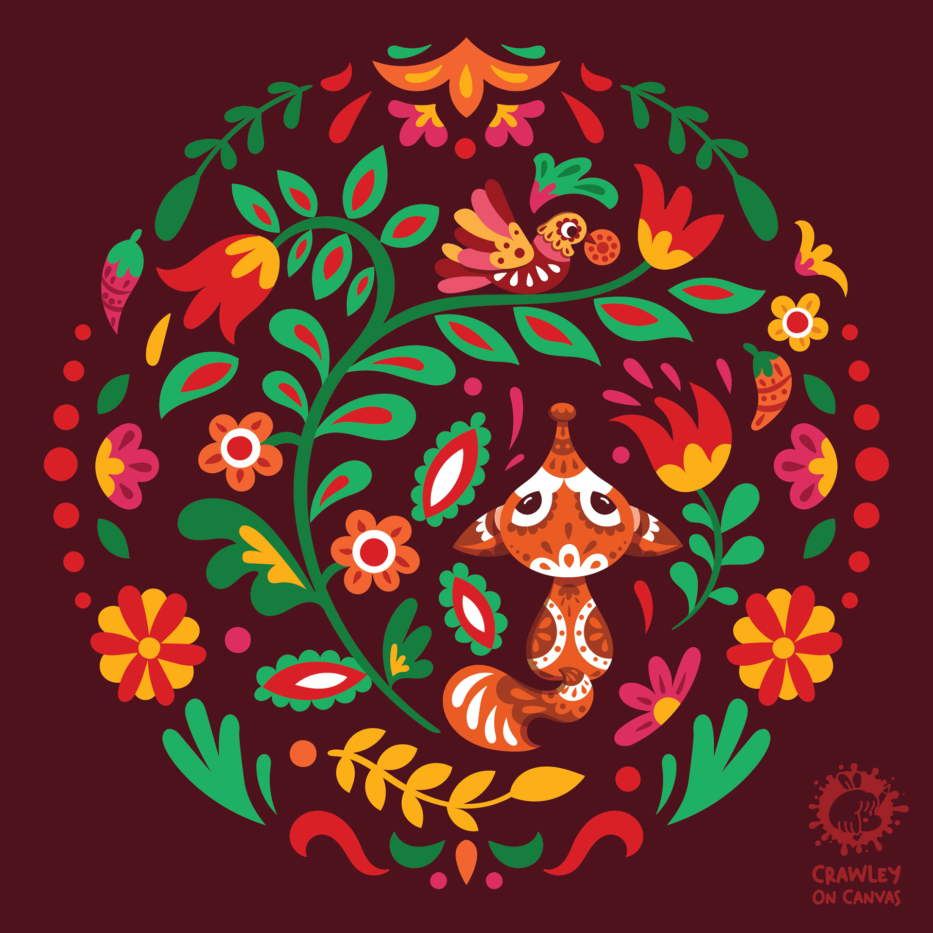 Panchatantra folk tales in Mexican Alebrije style: two monkeys among flowers on maroon