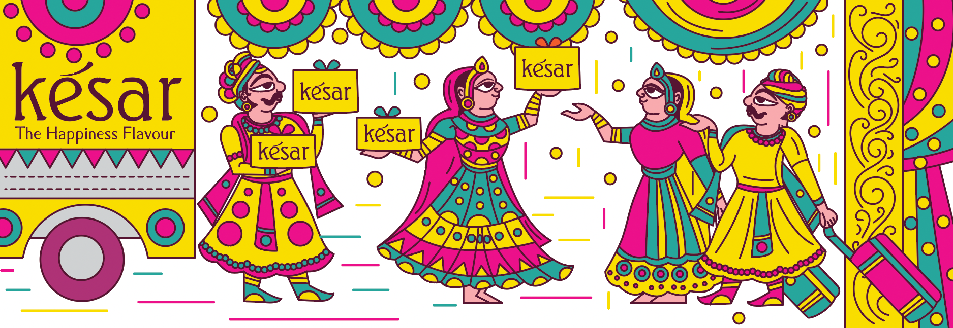 Kesar sweet shop space branding in Phad painting style: coloured wall panel with logo and dancers
