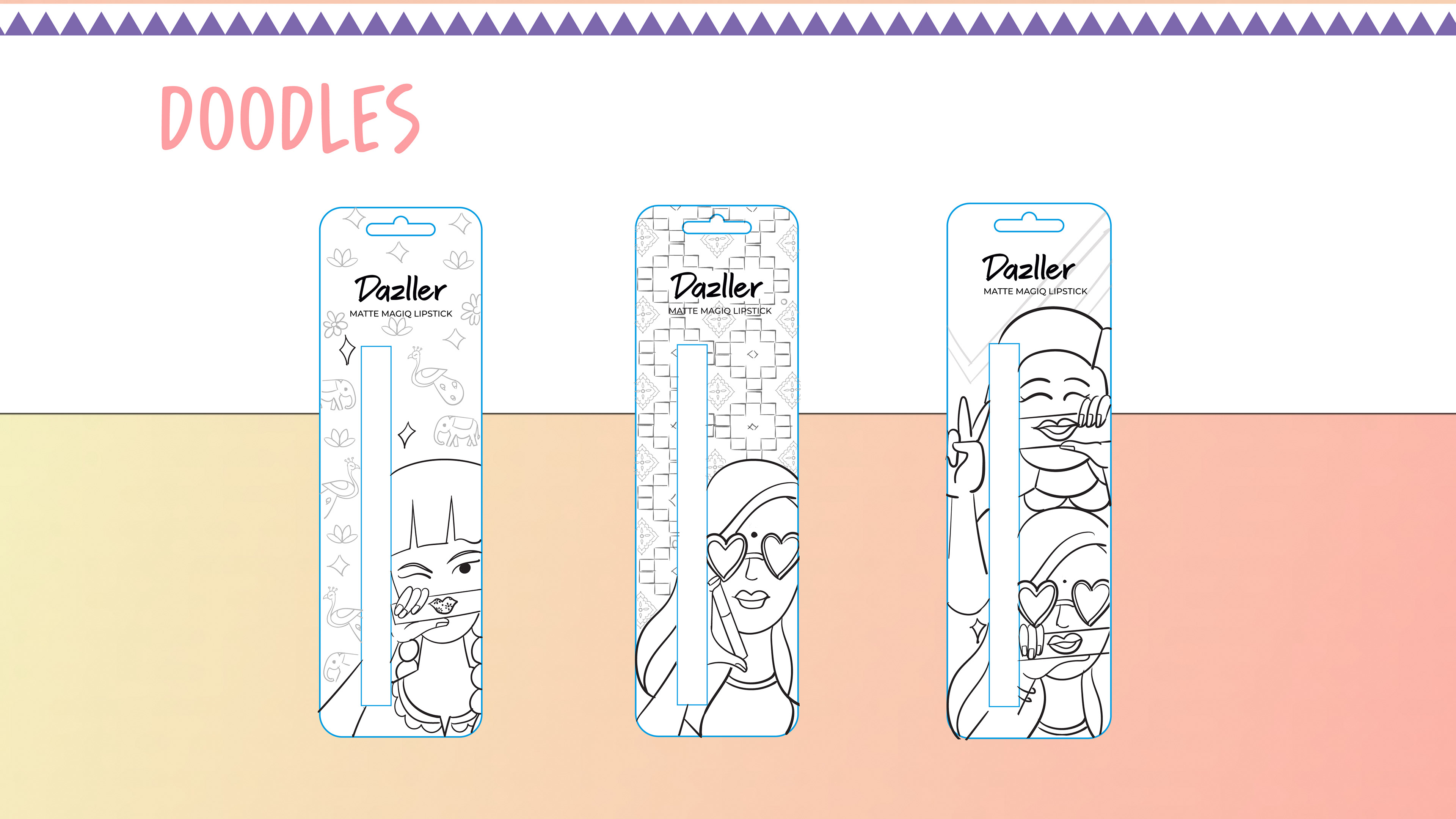 Dazller lip colour package design: doodles of three carton designs