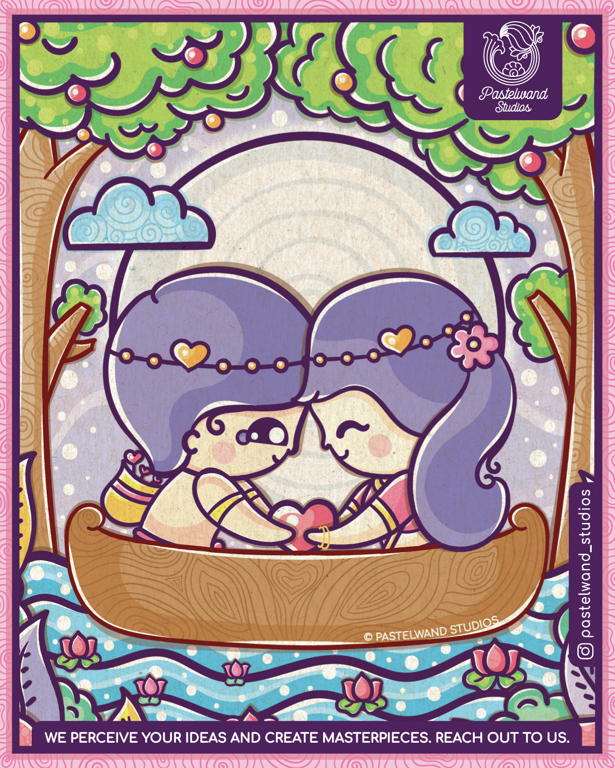 Kawaii love edition, Journey of Tutti Frutti: cute couple rowing a boat under the moon