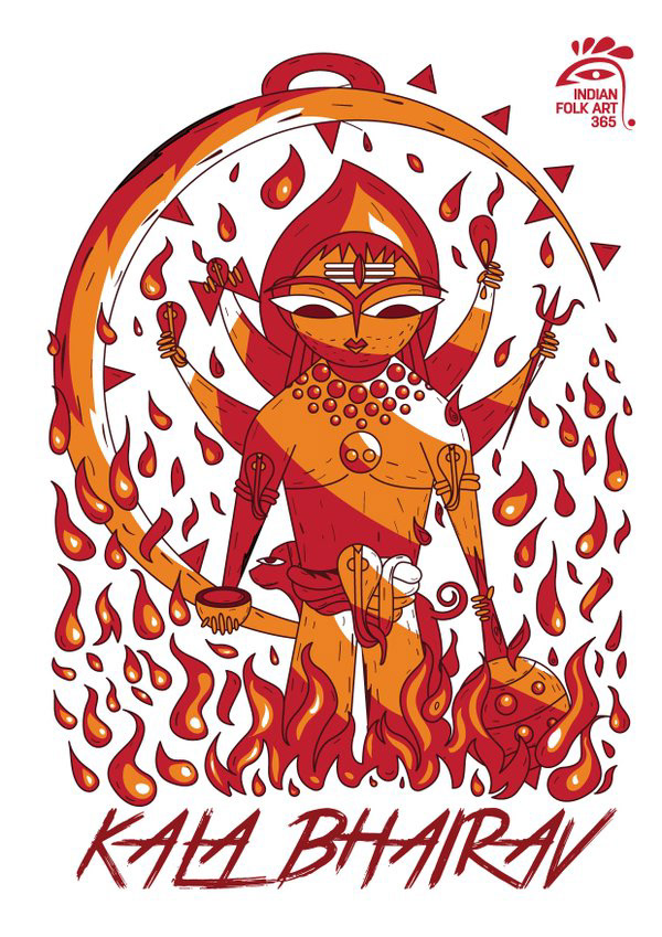 50 contemporary Indian folk art illustrations: #9 "Kala Bhairav" in flames