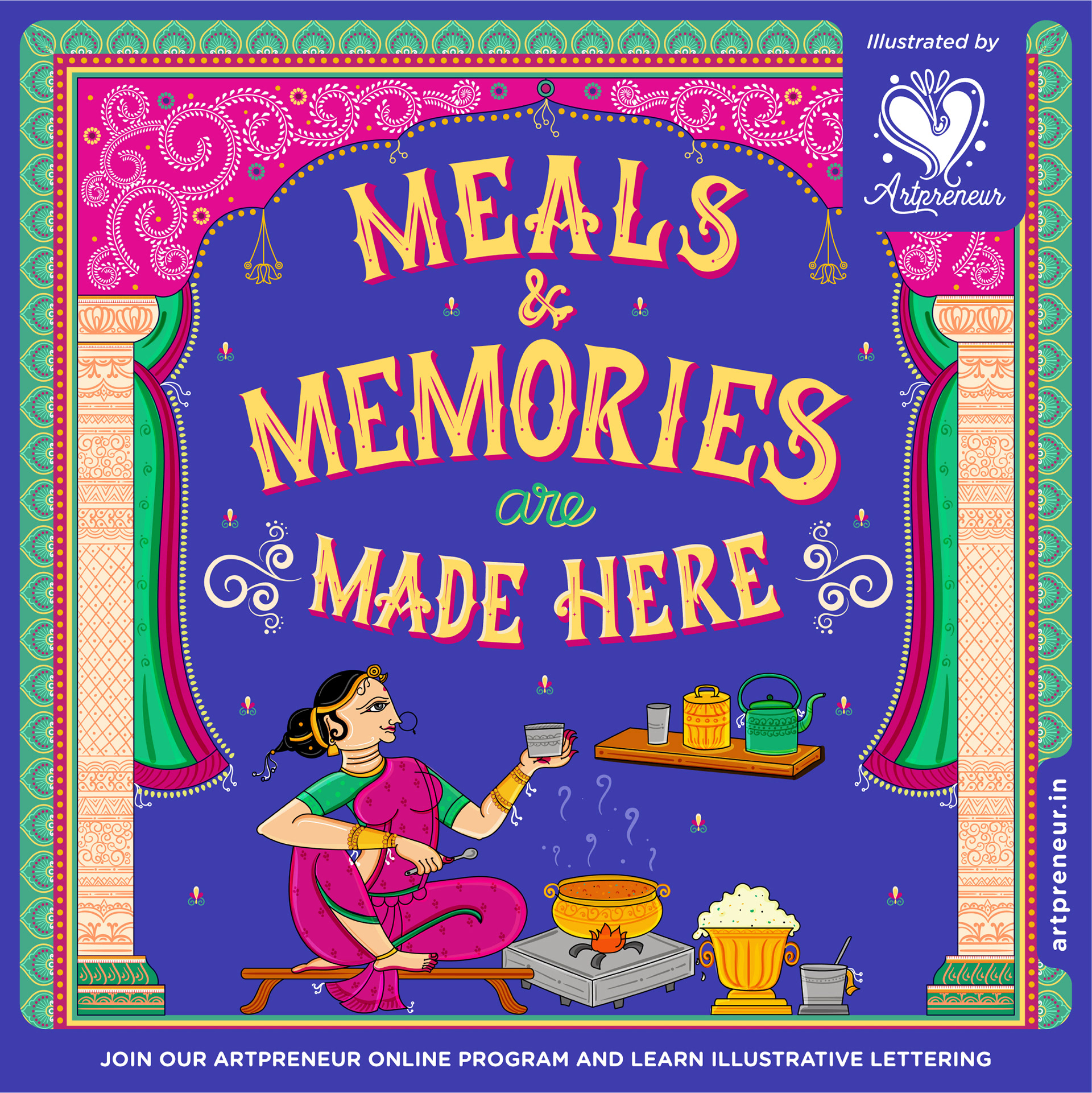 Illustrative lettering collective 2021-2022, quote lettering poster: Meals and memories are made here