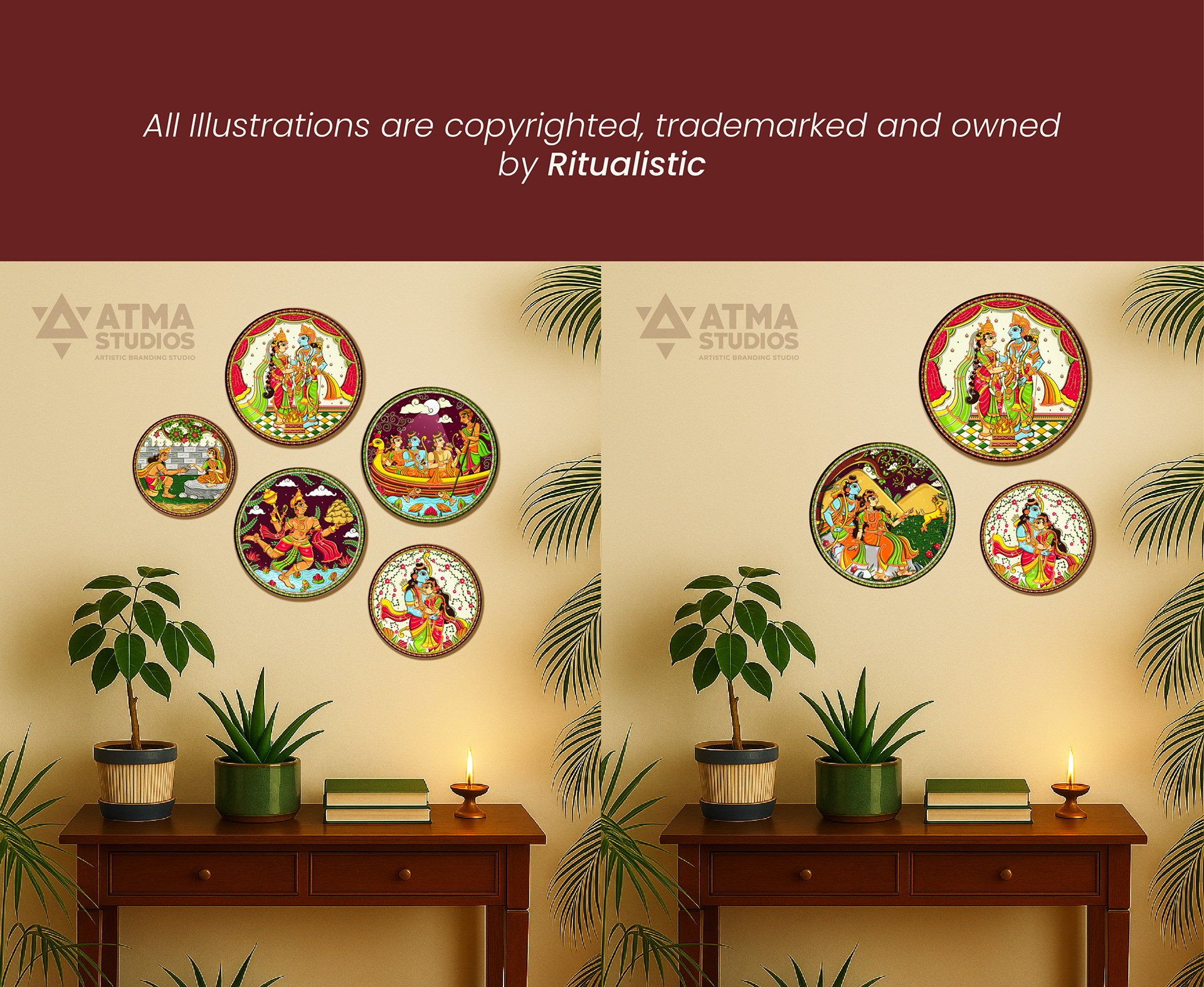 Ramayana in 9 wall plates, Pattachitra style for Vinodhini: wall plates styled on living room walls