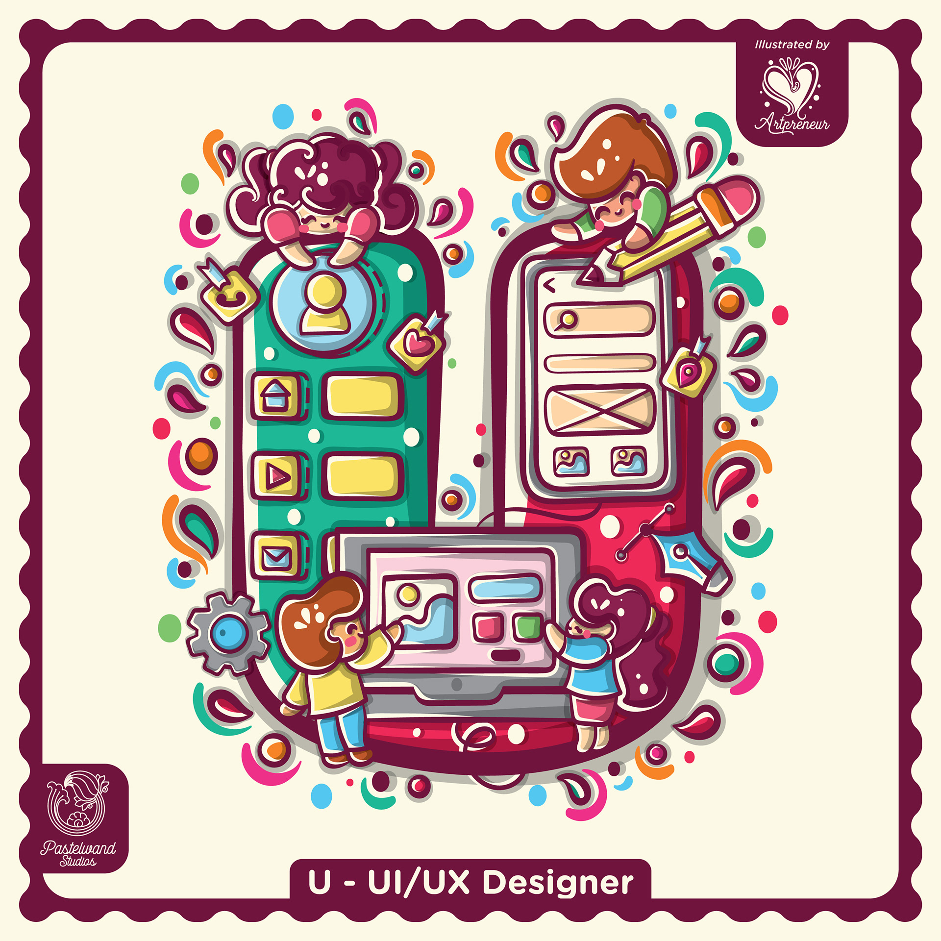 My Little Career ABC children's book: U for UI/UX Designer, an illustrated letter filled with tools and tiny characters