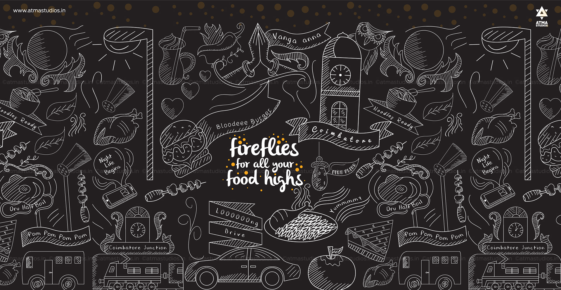 Fireflies chalkboard pattern of hand-drawn food illustrations with tagline