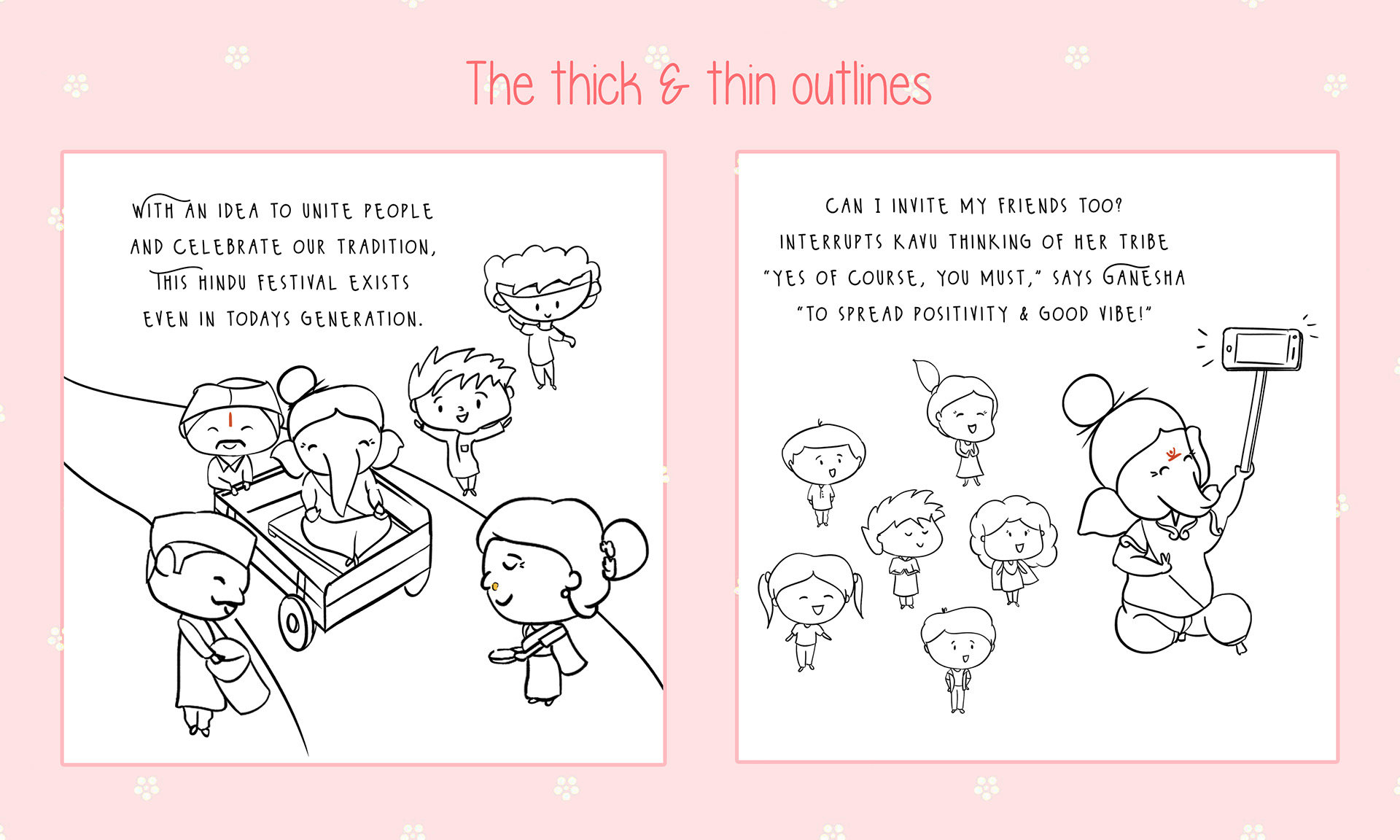 Kavan Celebrates Ganesh Chaturthi children's festival book: the thick and thin outlines on page sketches