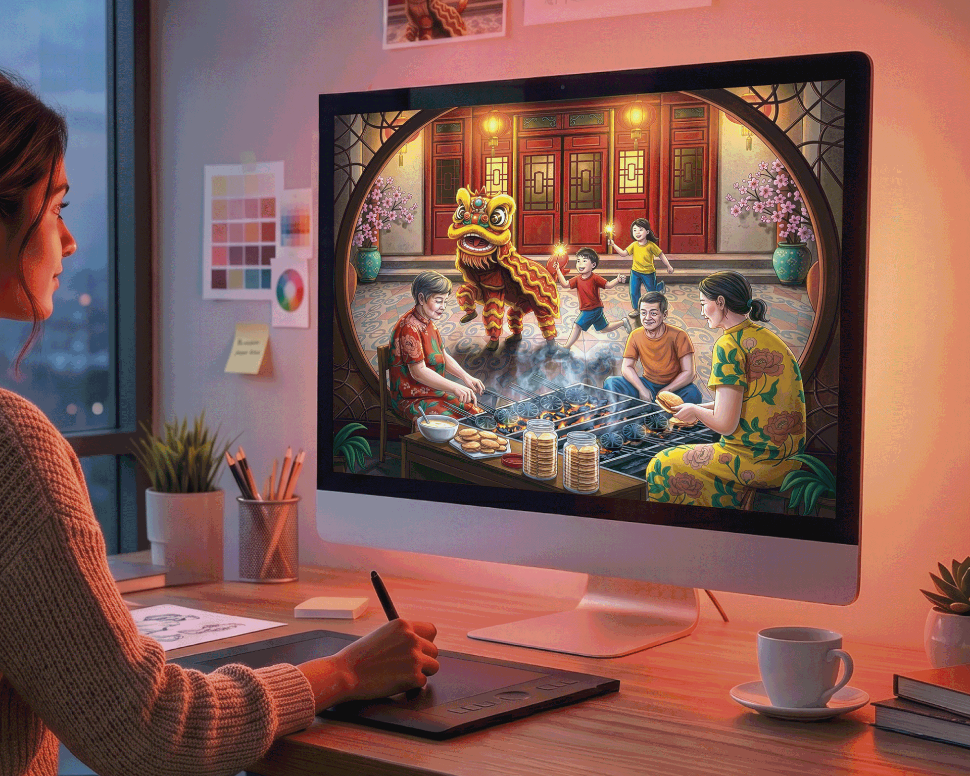 Peridot Chinese New Year Kuih Kapit gift box package design: illustrator refining the artwork on a large monitor