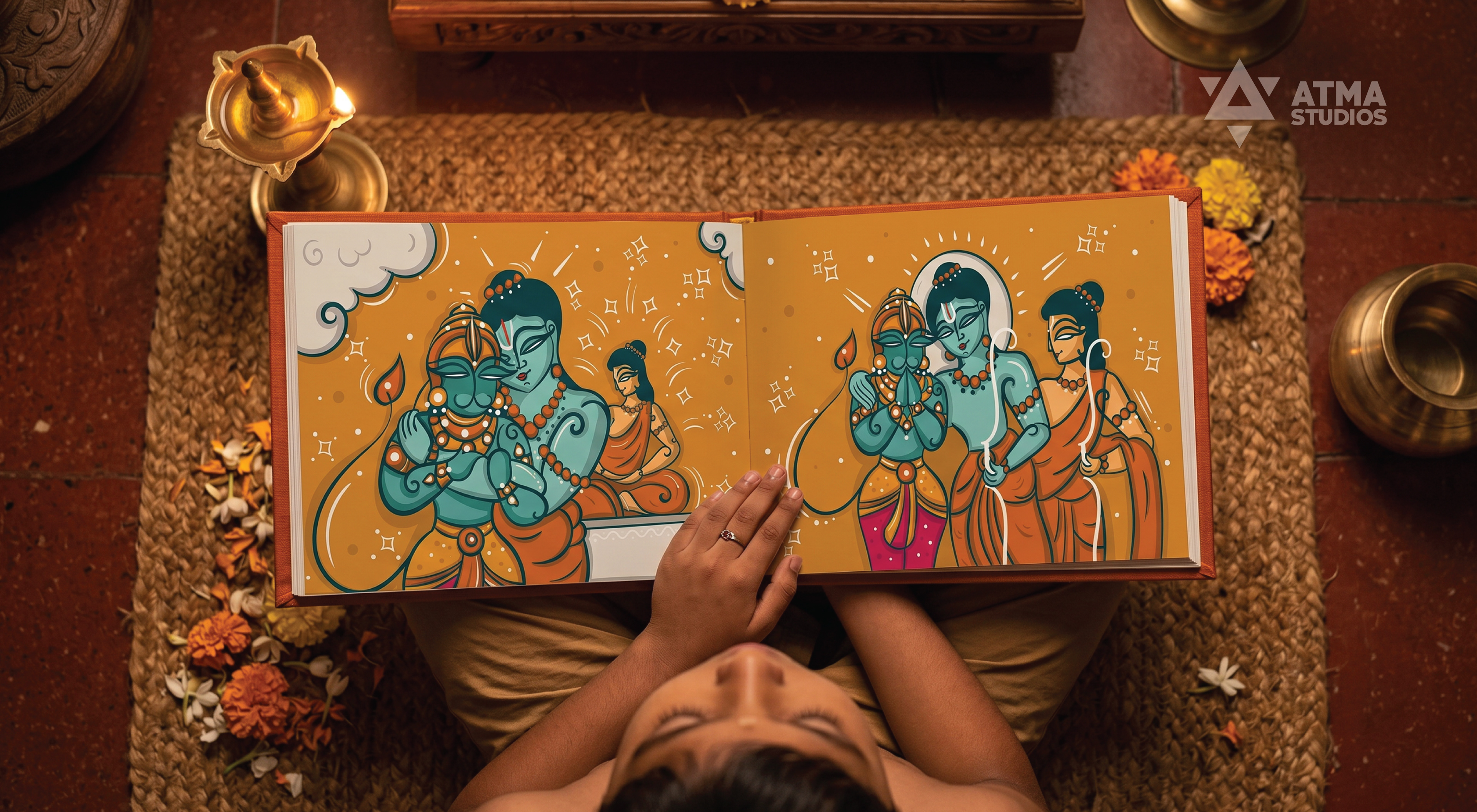 Hanuman Chalisa children's book: open printed book on a wooden table
