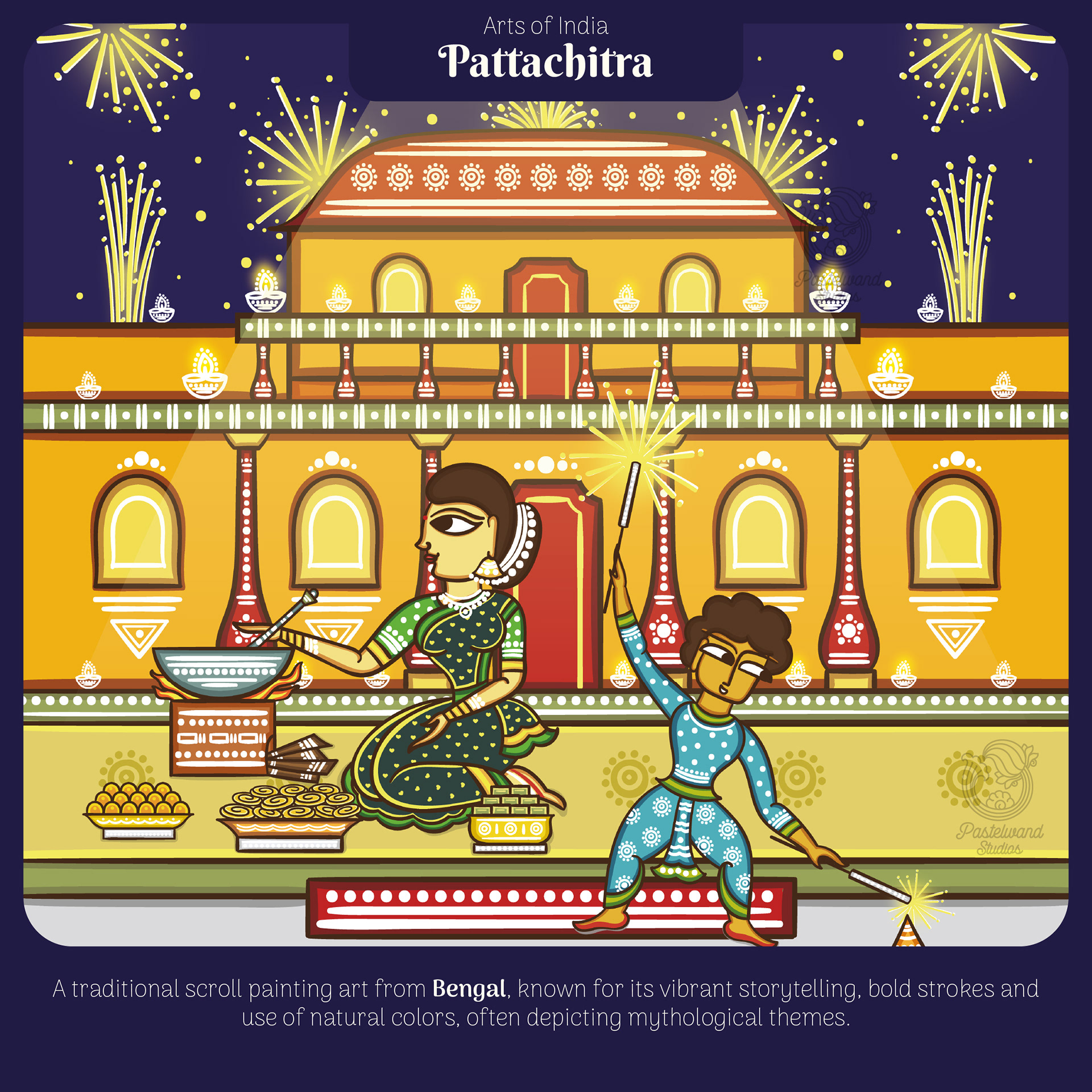 Arts of India jigsaw puzzles for Toynami: Pattachitra puzzle illustration of a palace with fireworks and a family