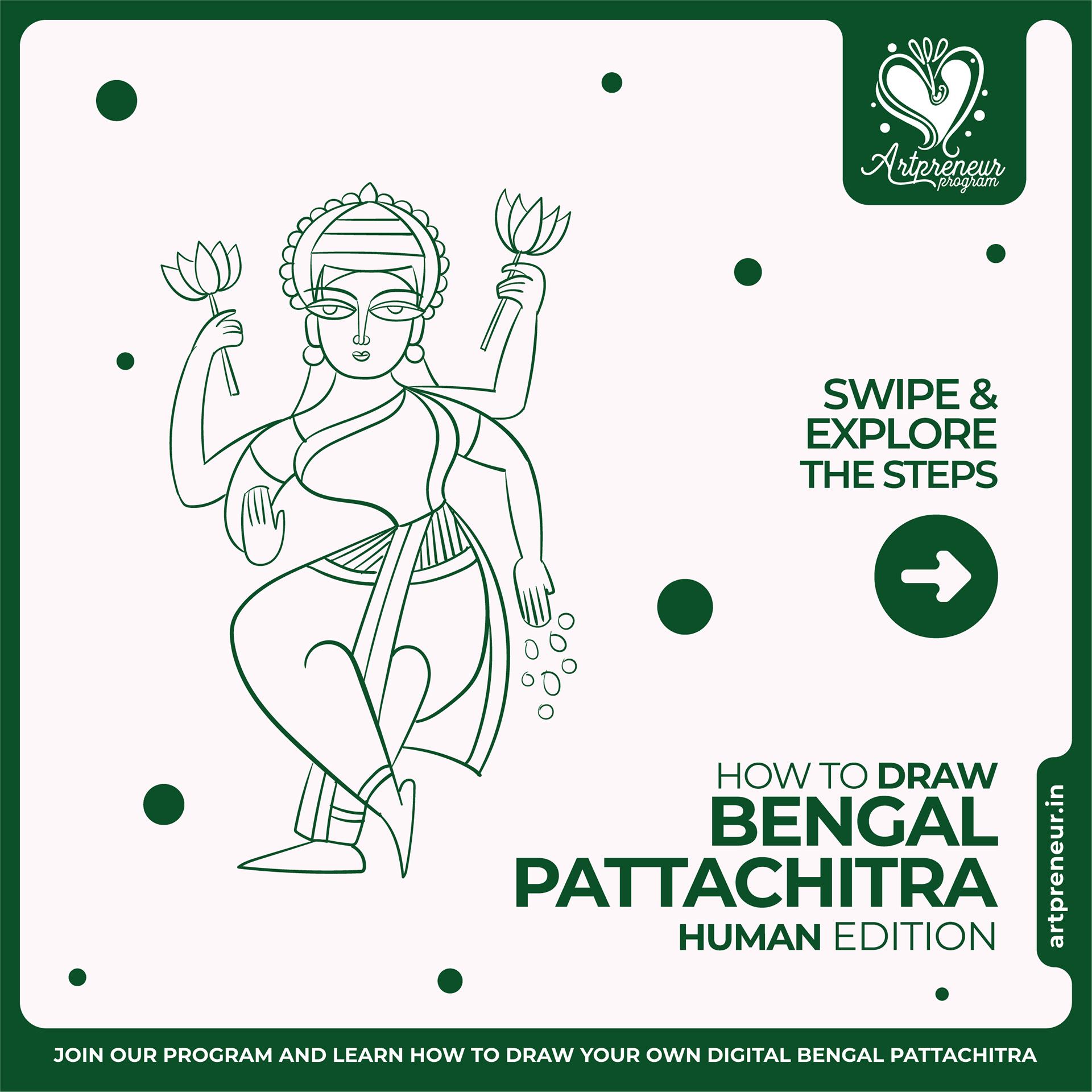 50 Bengal Pattachitra Indian folk illustrations: #50 "How to draw" goddess outline