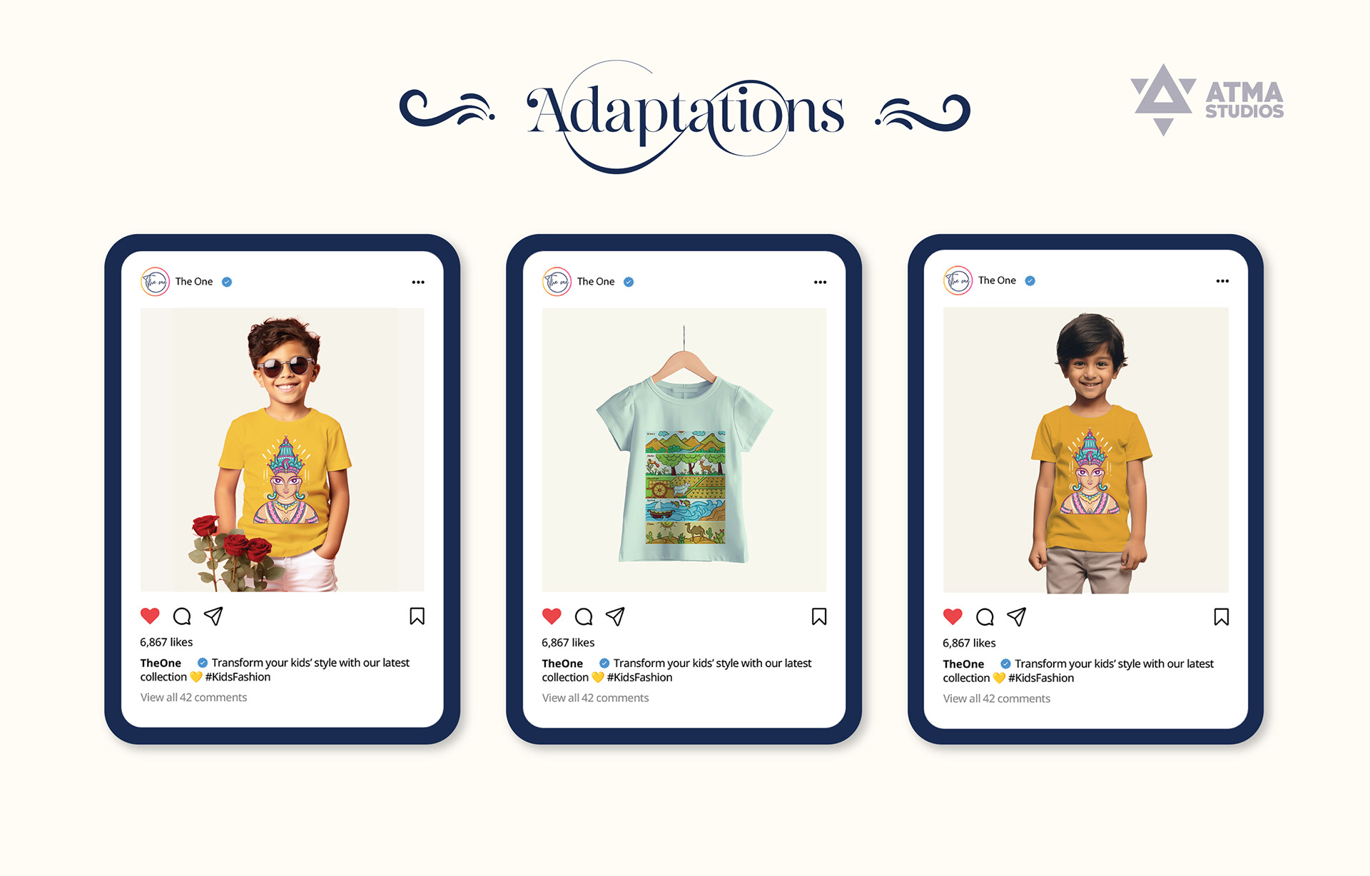 The One kids T-shirt illustrations: product adaptations on e-commerce cards
