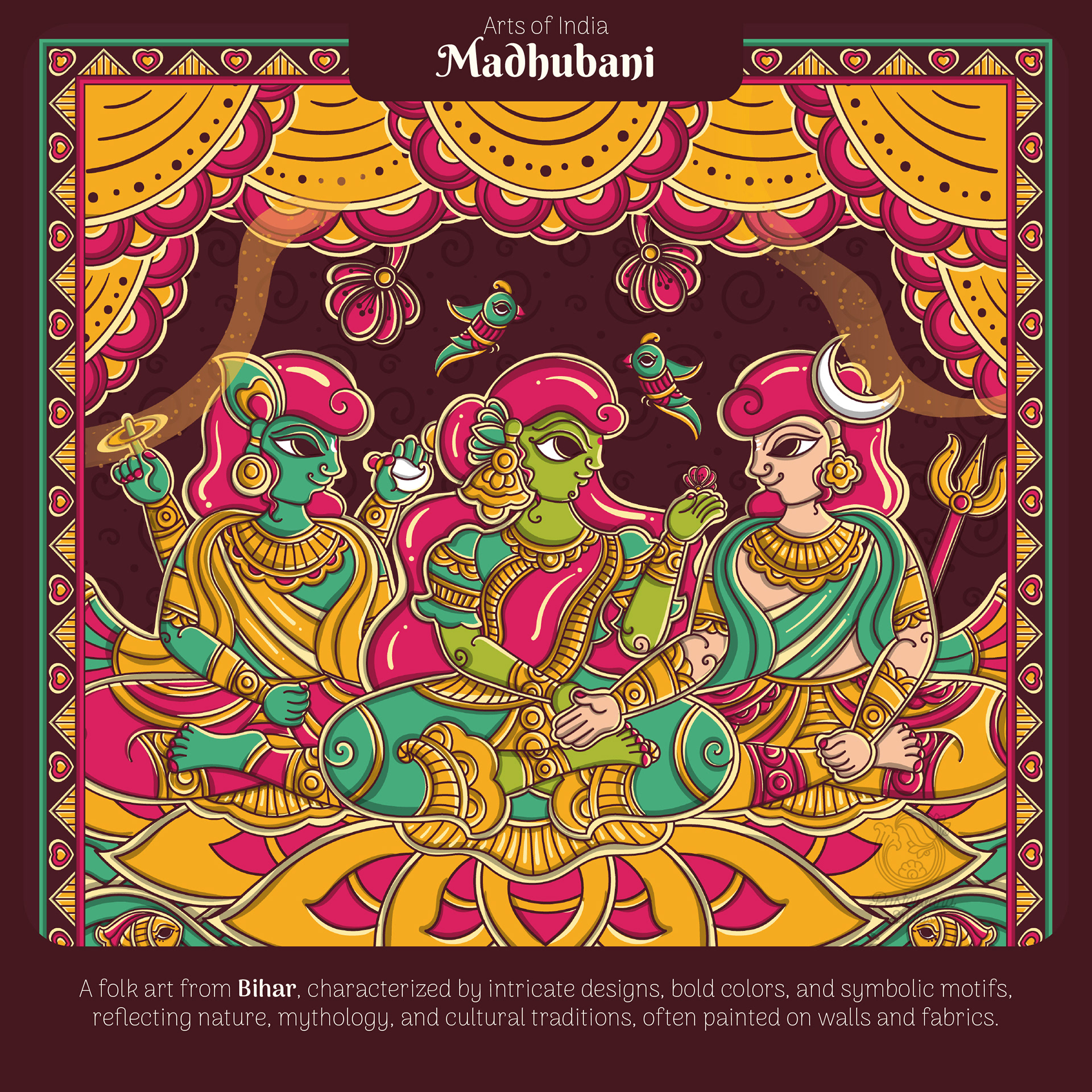 Arts of India jigsaw puzzles for Toynami: Madhubani puzzle illustration of a festive scene with curtains