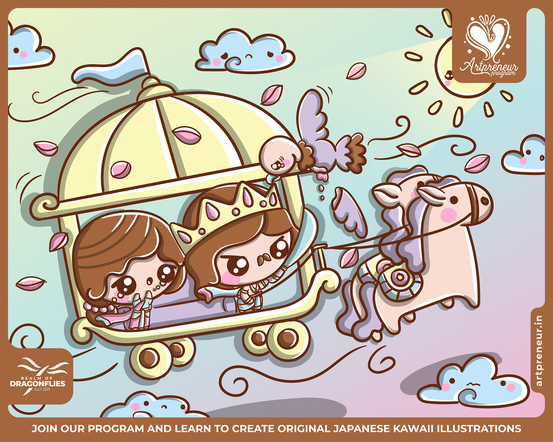 30 kawaii cute illustrations: #10 Friends in a flower carriage