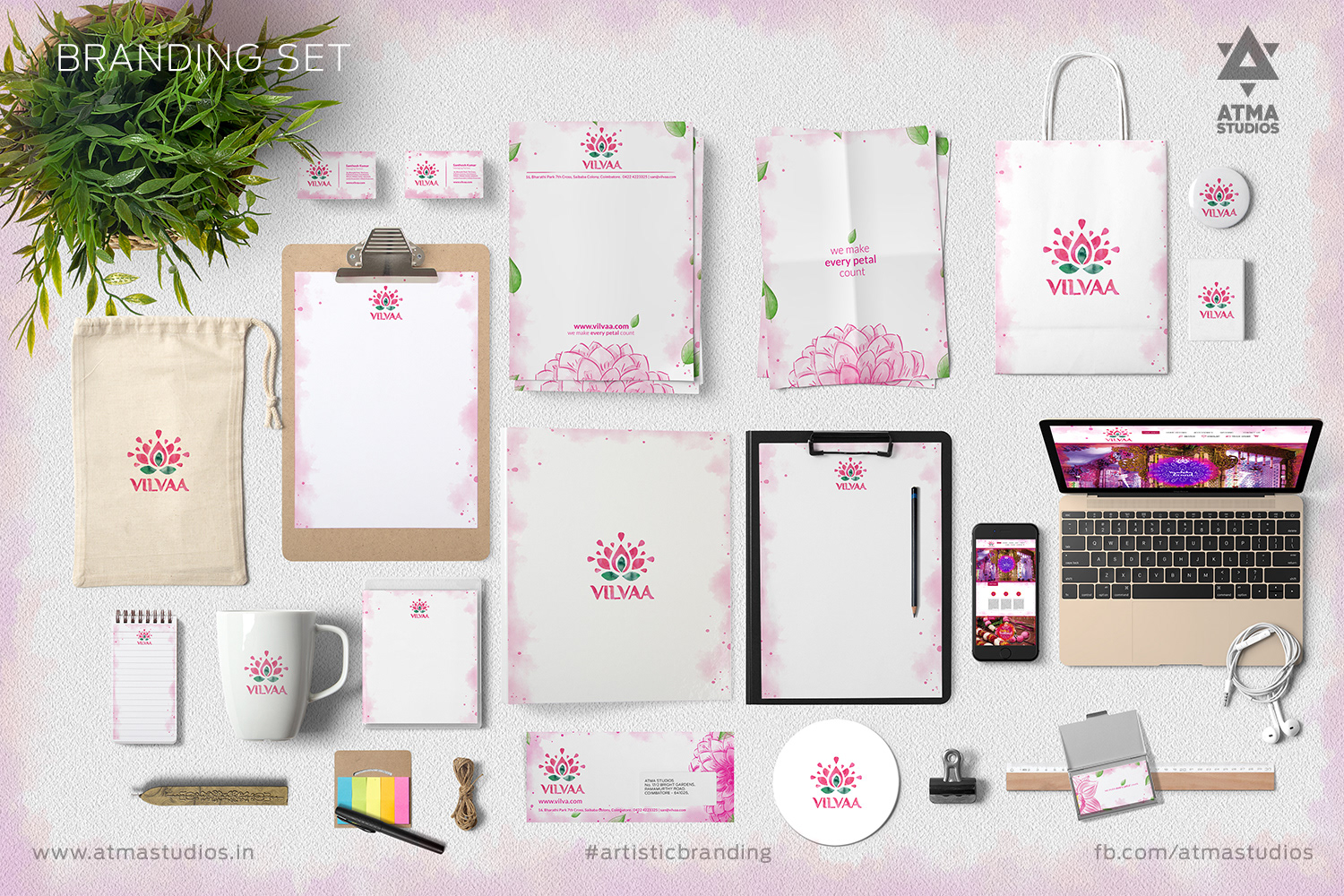 Vilvaa online garland store brand: complete stationery and branding set laid out on a desk