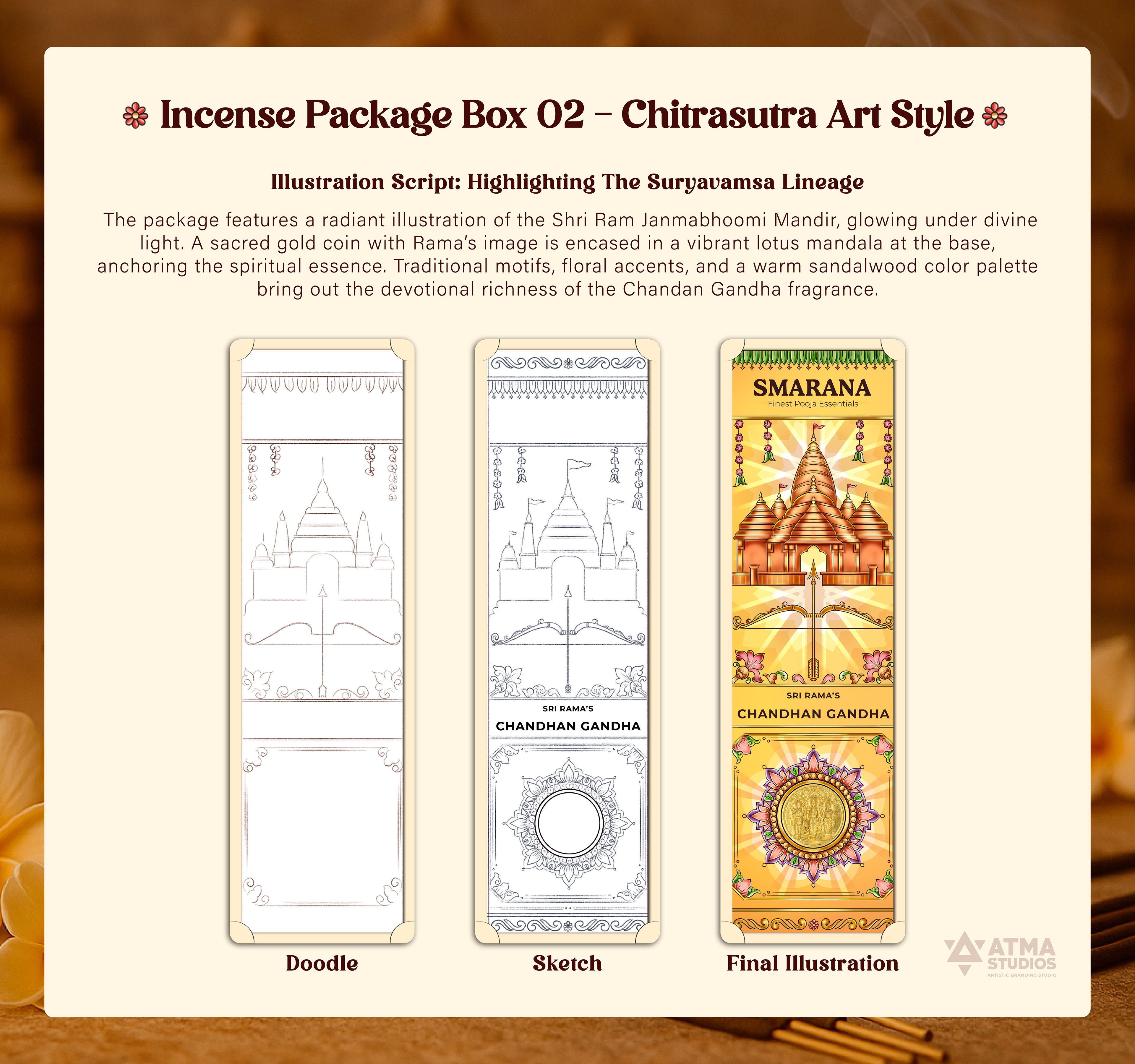 Smarana Lord Rama series incense packaging: incense box 02 in Chitrasutra art style: doodle, sketch and final illustration