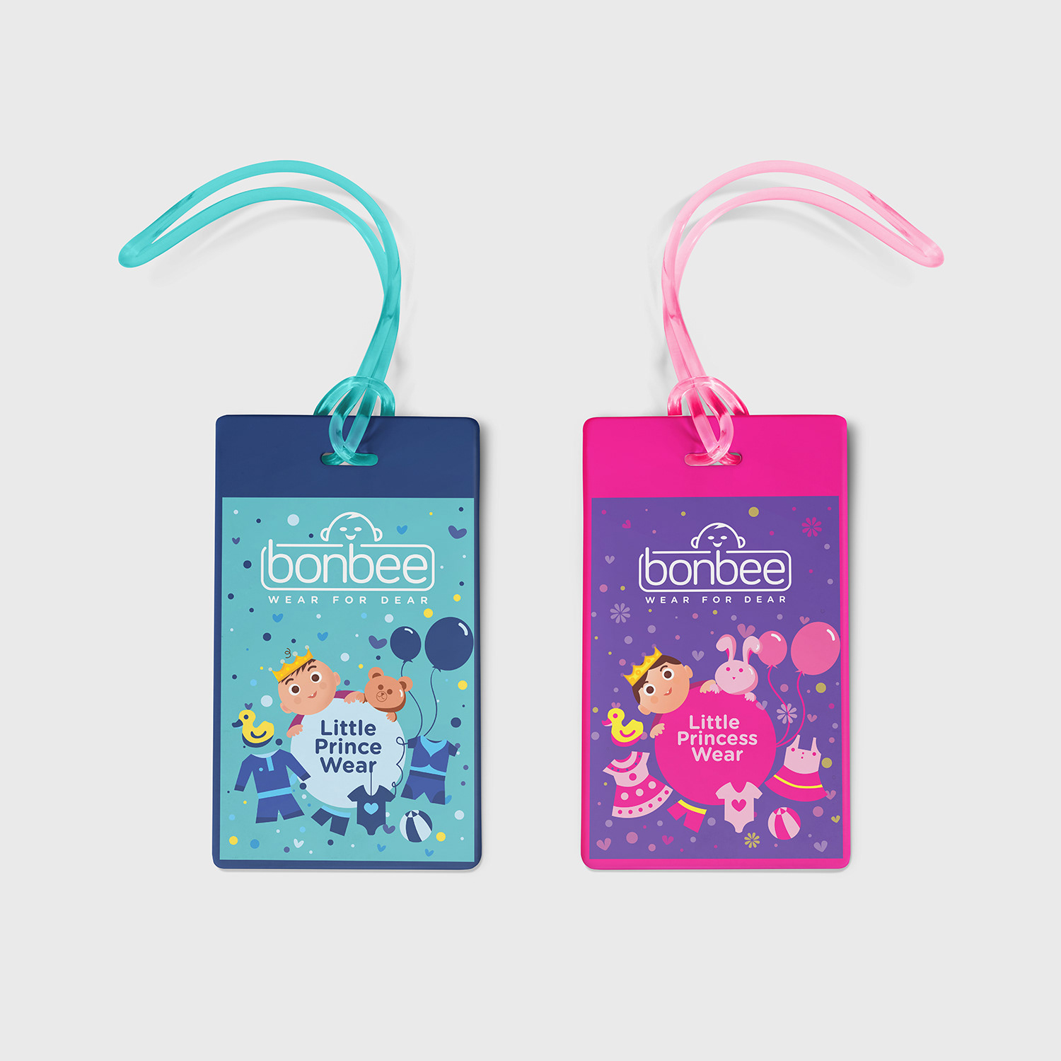 Bonbee Indian baby wear brand and package design: hang tags for boys and girls with character illustrations
