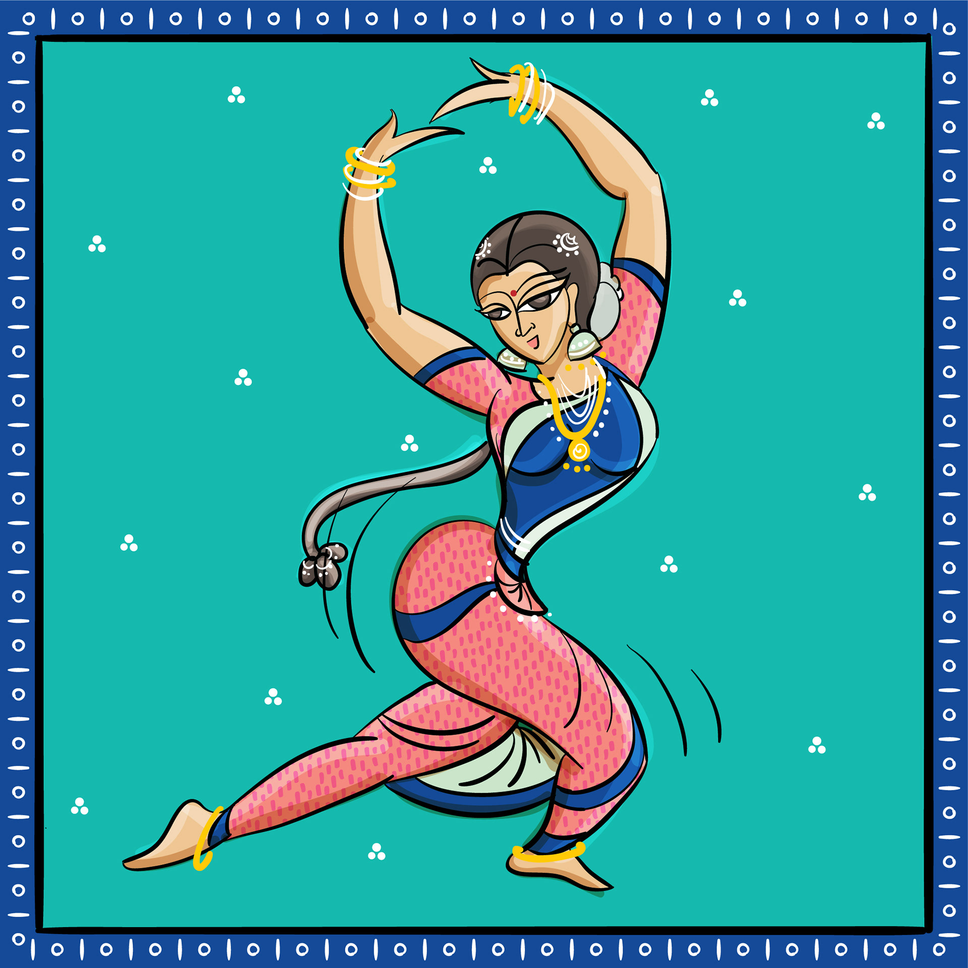 Bengal Pattachitra dancers: #9 Classical Indian dancer on a teal background