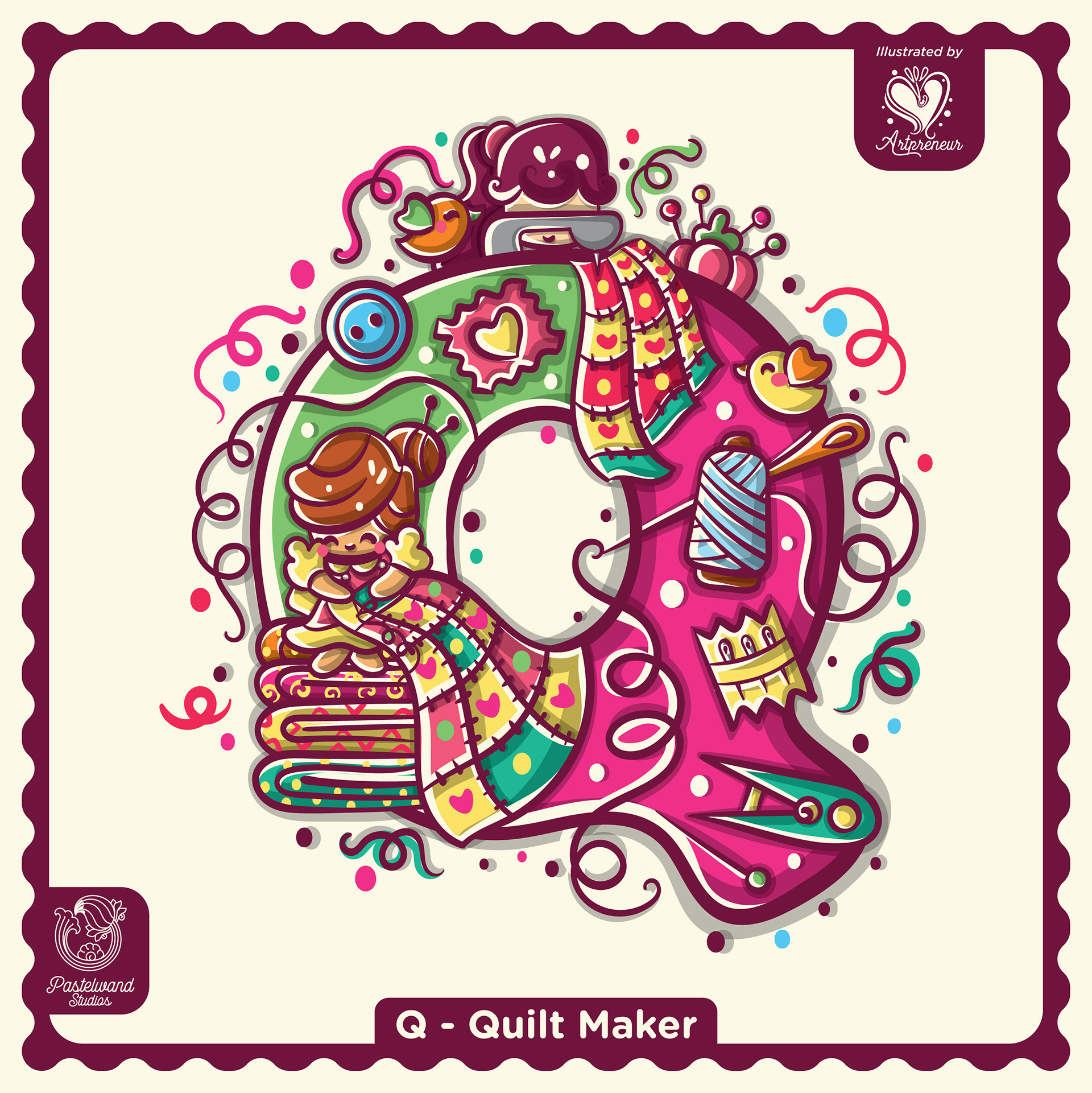 My Little Career ABC children's book: Q for Quilt Maker, an illustrated letter filled with tools and tiny characters