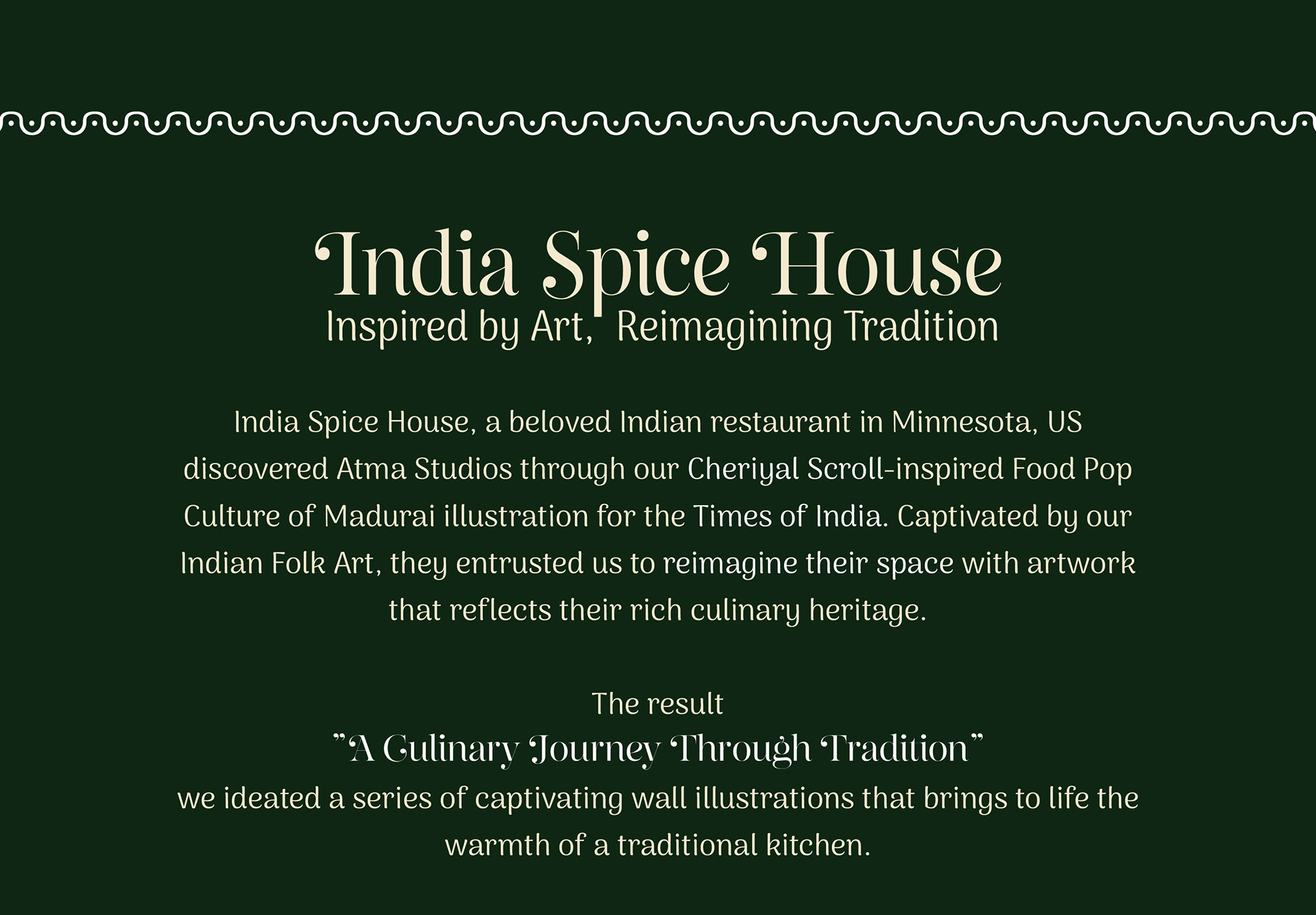 India Spice House restaurant wall art in Cheriyal scroll style, USA: project brief, a culinary journey through tradition