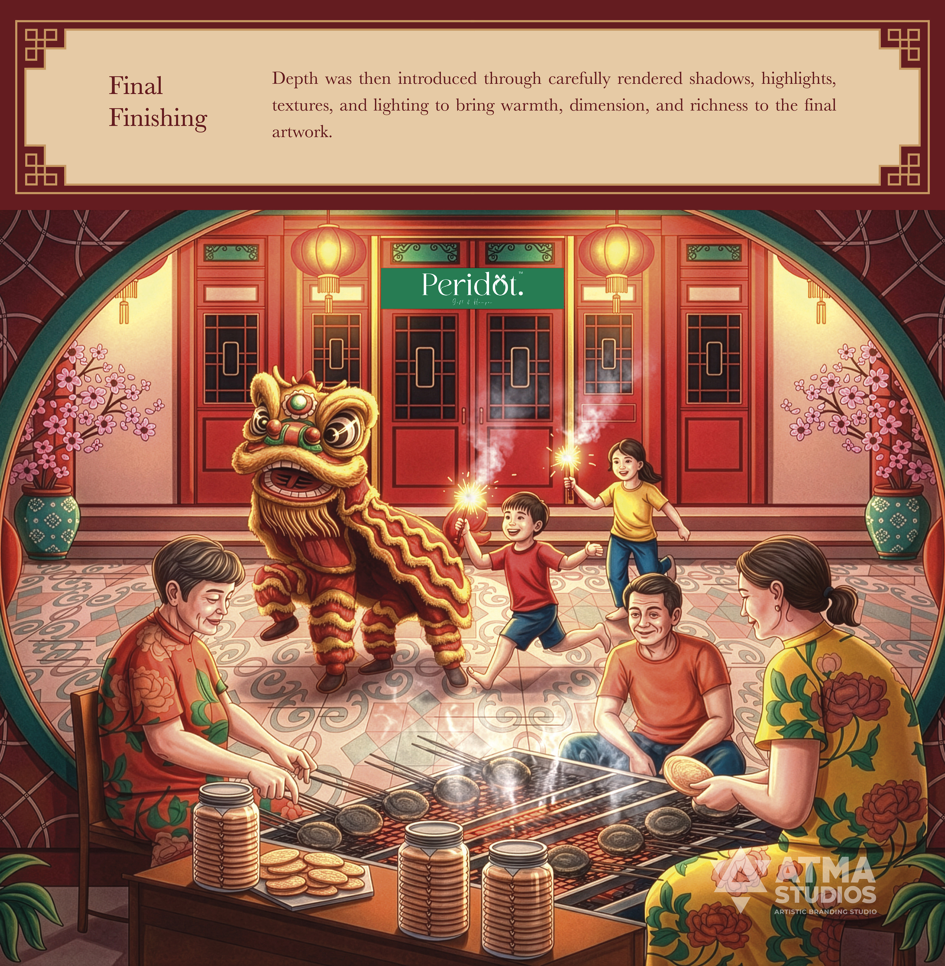 Peridot Chinese New Year Kuih Kapit gift box package design: final illustration of a family making kuih kapit with a lion dance
