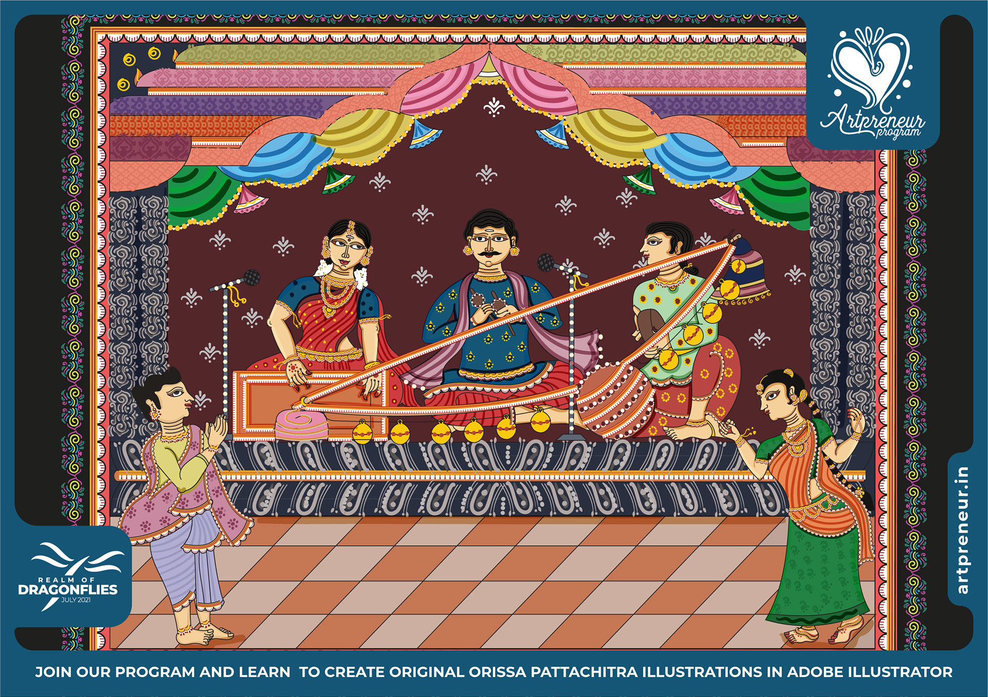 30 Orissa Pattachitra Indian folk illustrations: #5 Classroom scene