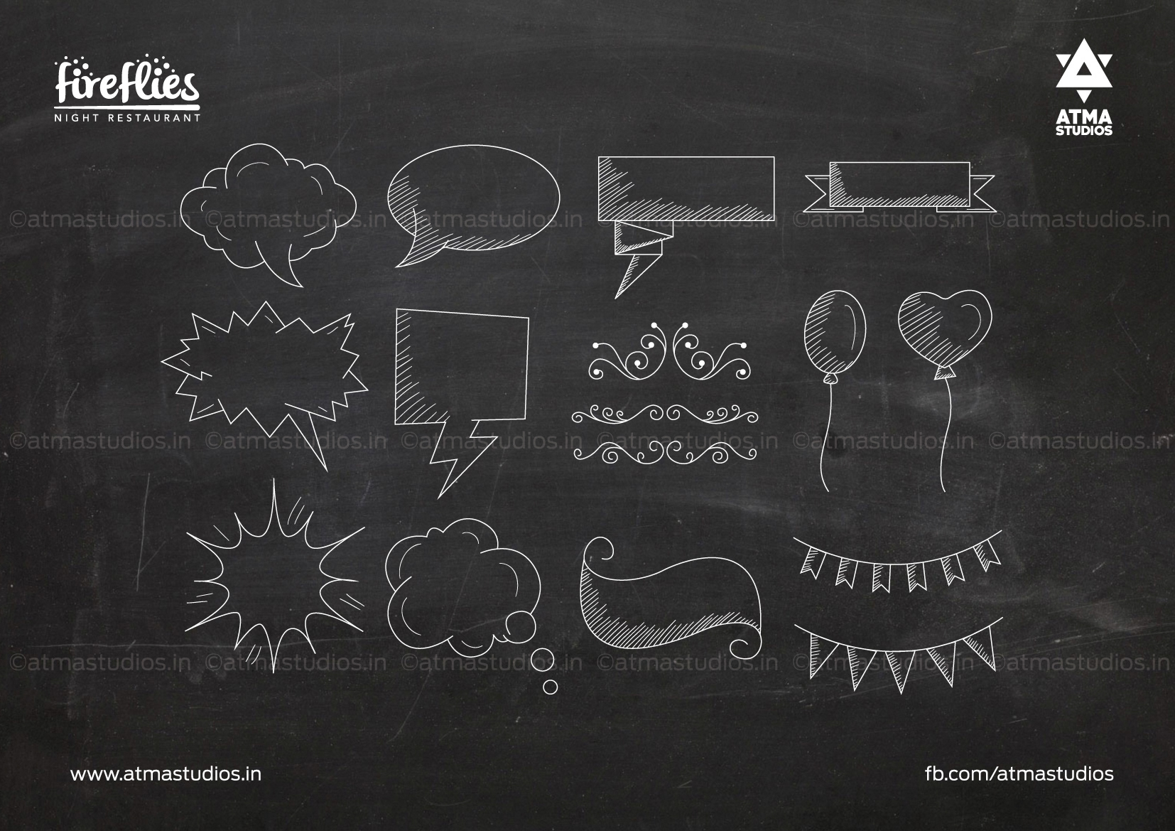Fireflies chalk icon set: speech bubbles, banners and bunting