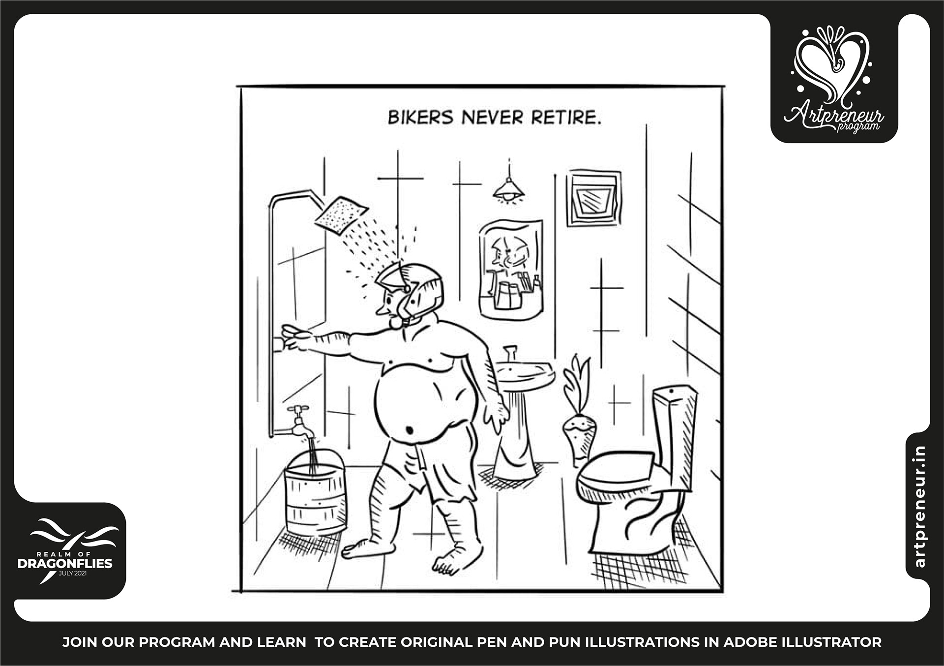 30 pen and pun comic cartoon illustrations: #7 "Brides never retire" bathroom gag