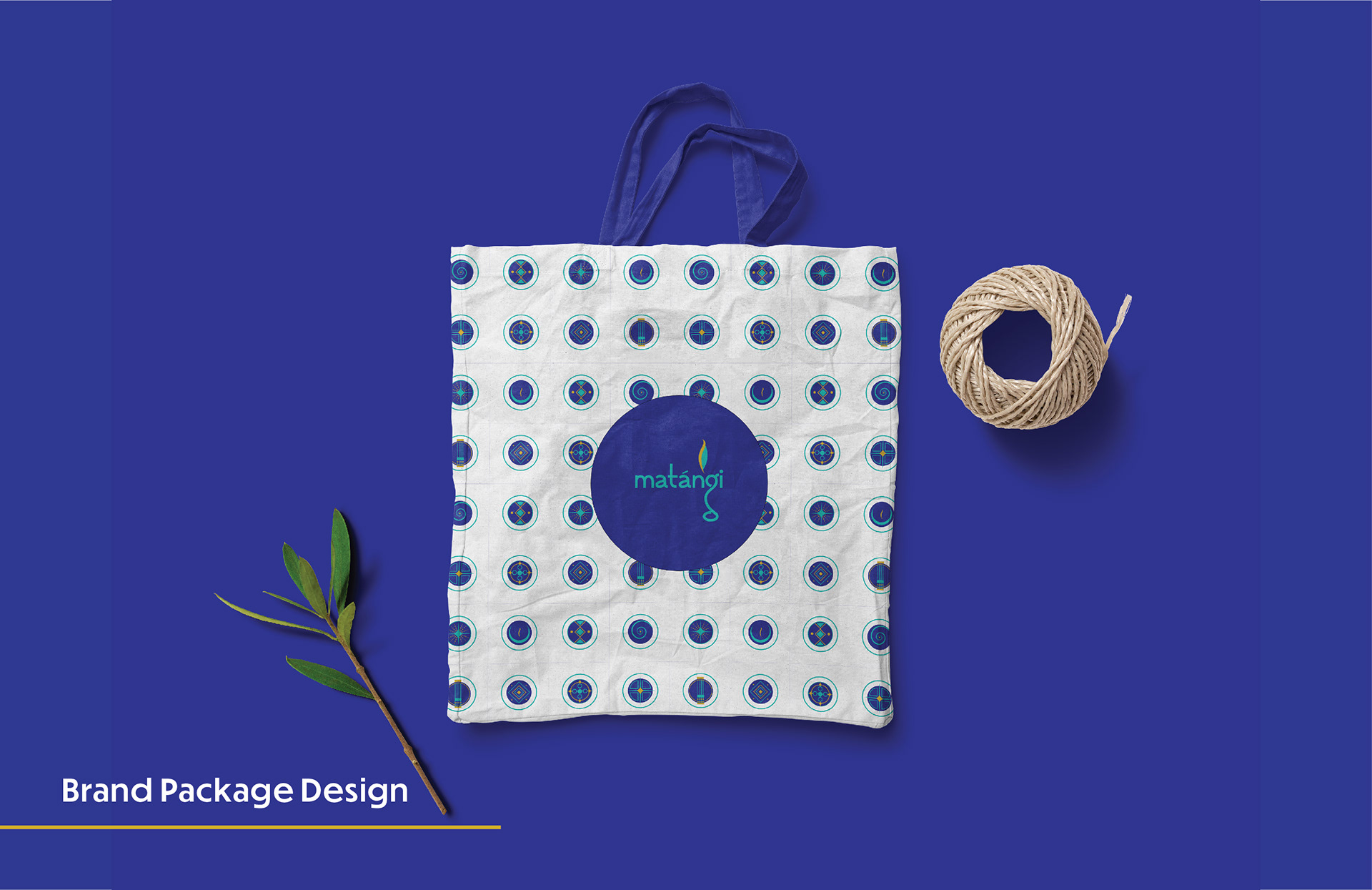 Matangi spiritual brand: package design with patterned shopping bag and twine