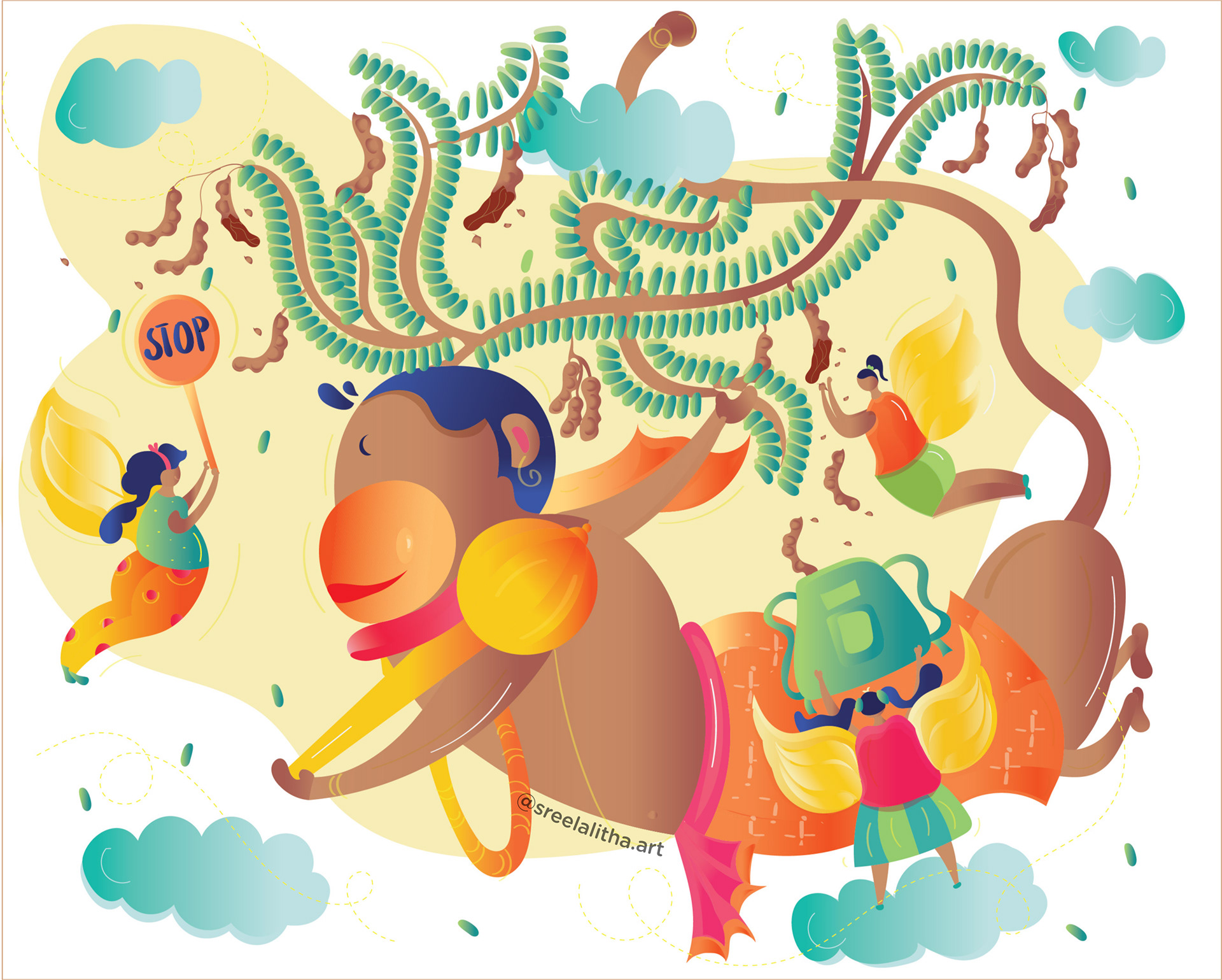 20 tree-based illustrations collective: #23 Figures swinging from banyan roots