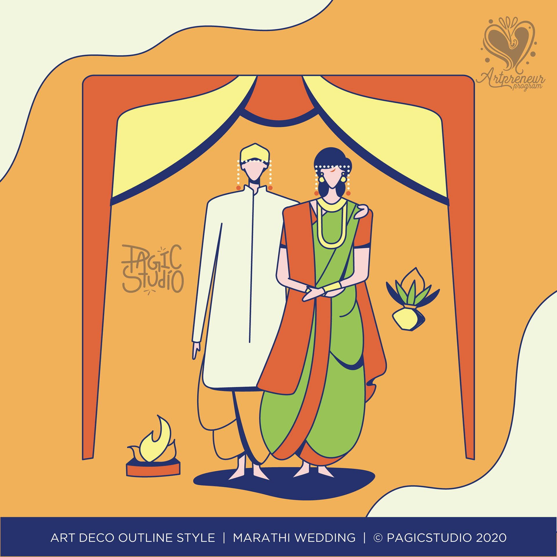 12 styles of Indian wedding couple in Art Deco outline: #6 Marathi wedding couple