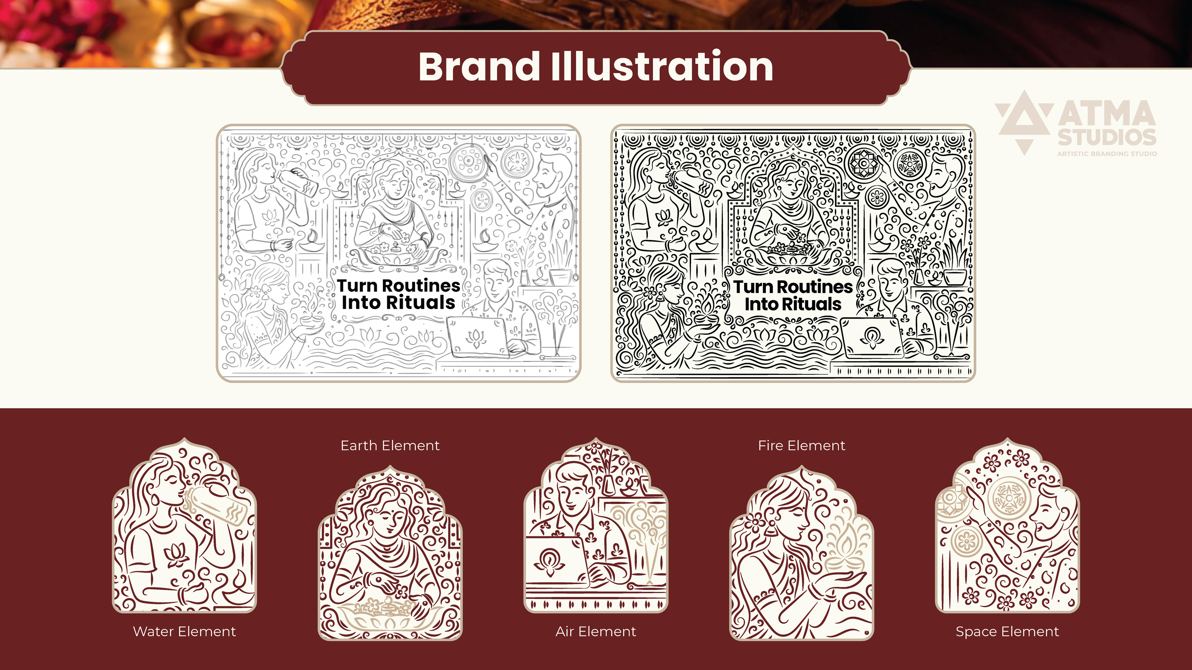 Ritualistic mindful essentials brand: brand illustration line art sheets with arch-shaped panels