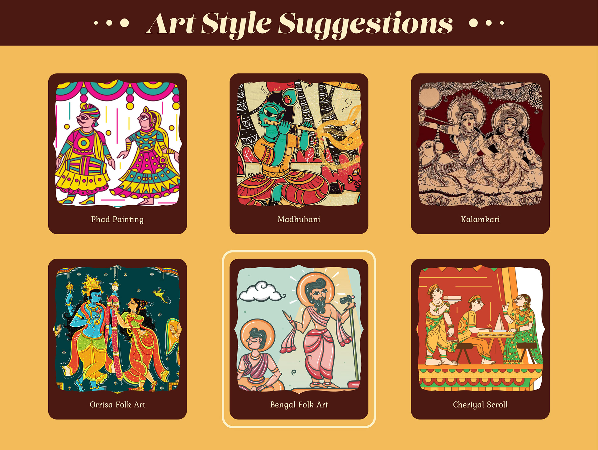 Nandavan Organics package illustrations in neo Bengal folk art: art style suggestions in six folk styles