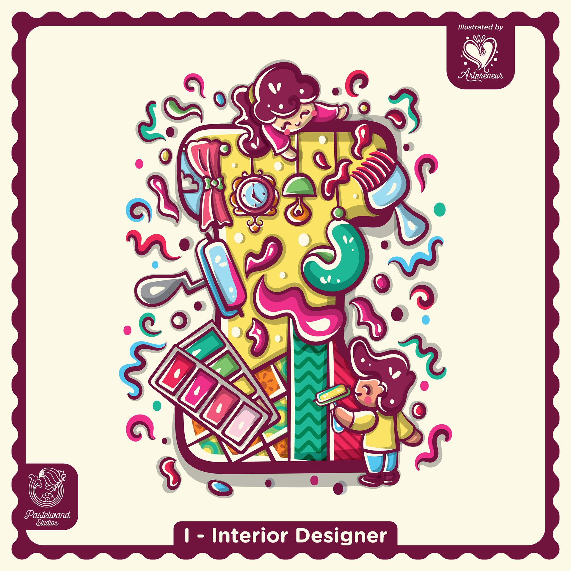 My Little Career ABC children's book: I for Interior Designer, an illustrated letter filled with tools and tiny characters